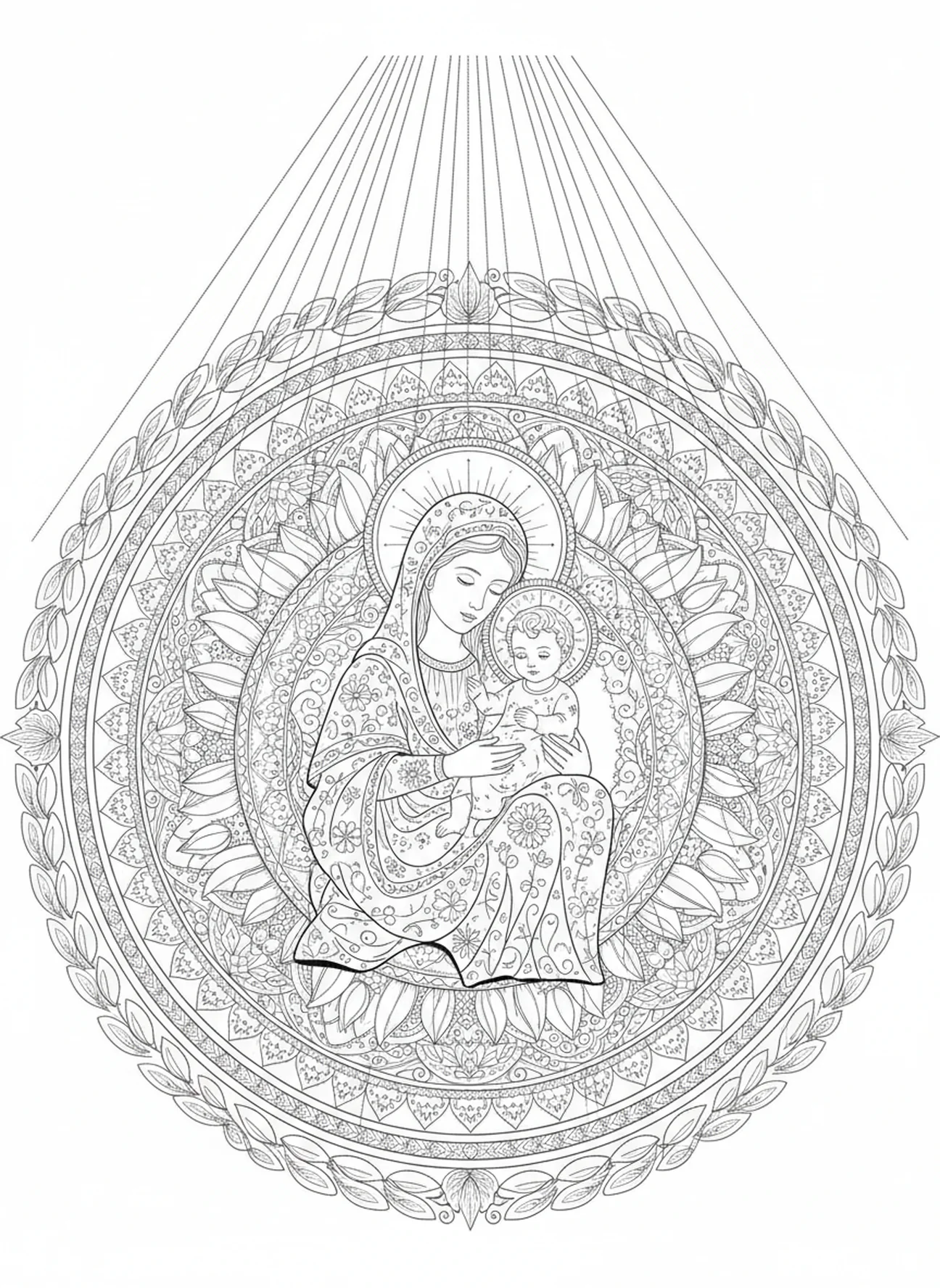 Strahlende Lichtstrahlen, die herabfallen, Ausmalbild von Maria, der immerwährenden Hilfe, im Stil des Bibel-Journalings für Erwachsene.