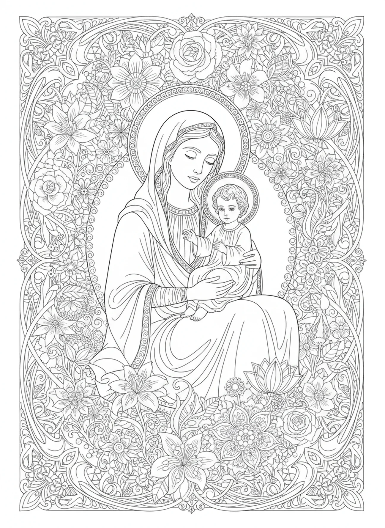 Zarte Blumen, die Reinheit symbolisieren, Ausmalbild von Maria, der immerwährenden Hilfe im Stil des Bibel-Journaling für Erwachsene.