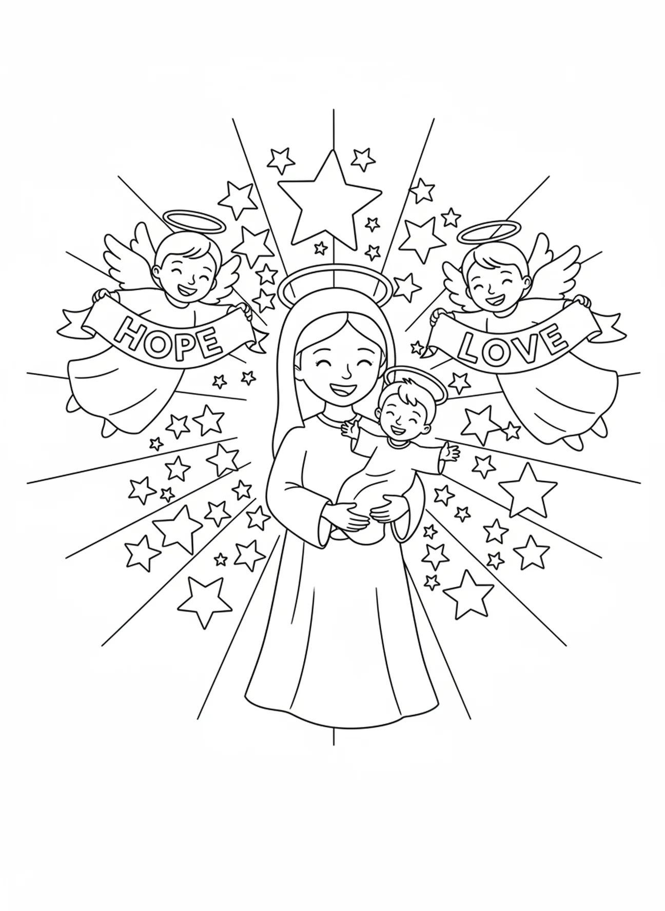 Deux anges joyeux, page à colorier de Notre-Dame du Perpétuel Secours pour les enfants de 5 à 10 ans.