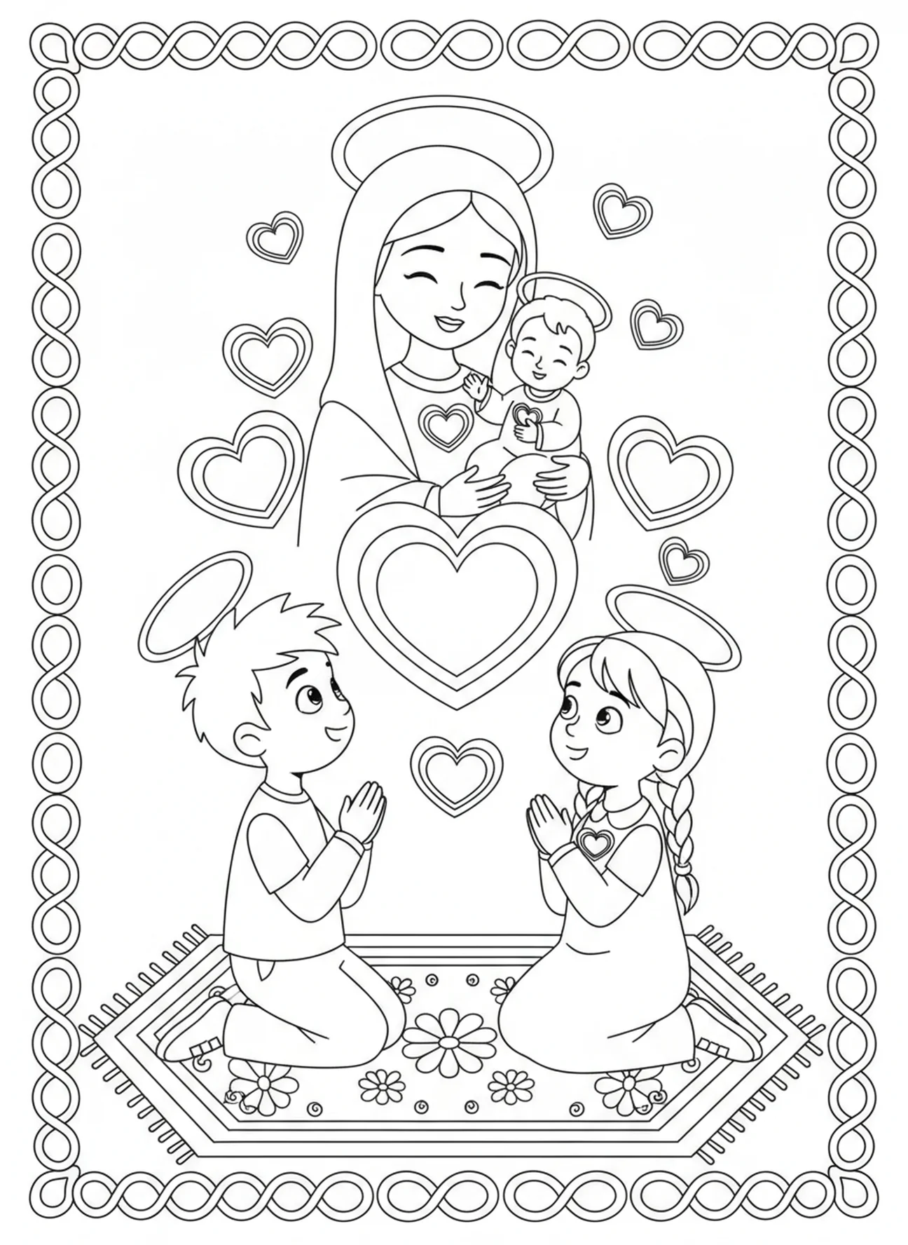 Enfants à genoux en prière, page à colorier de Notre-Dame du Perpétuel Secours pour les enfants de 5 à 10 ans.