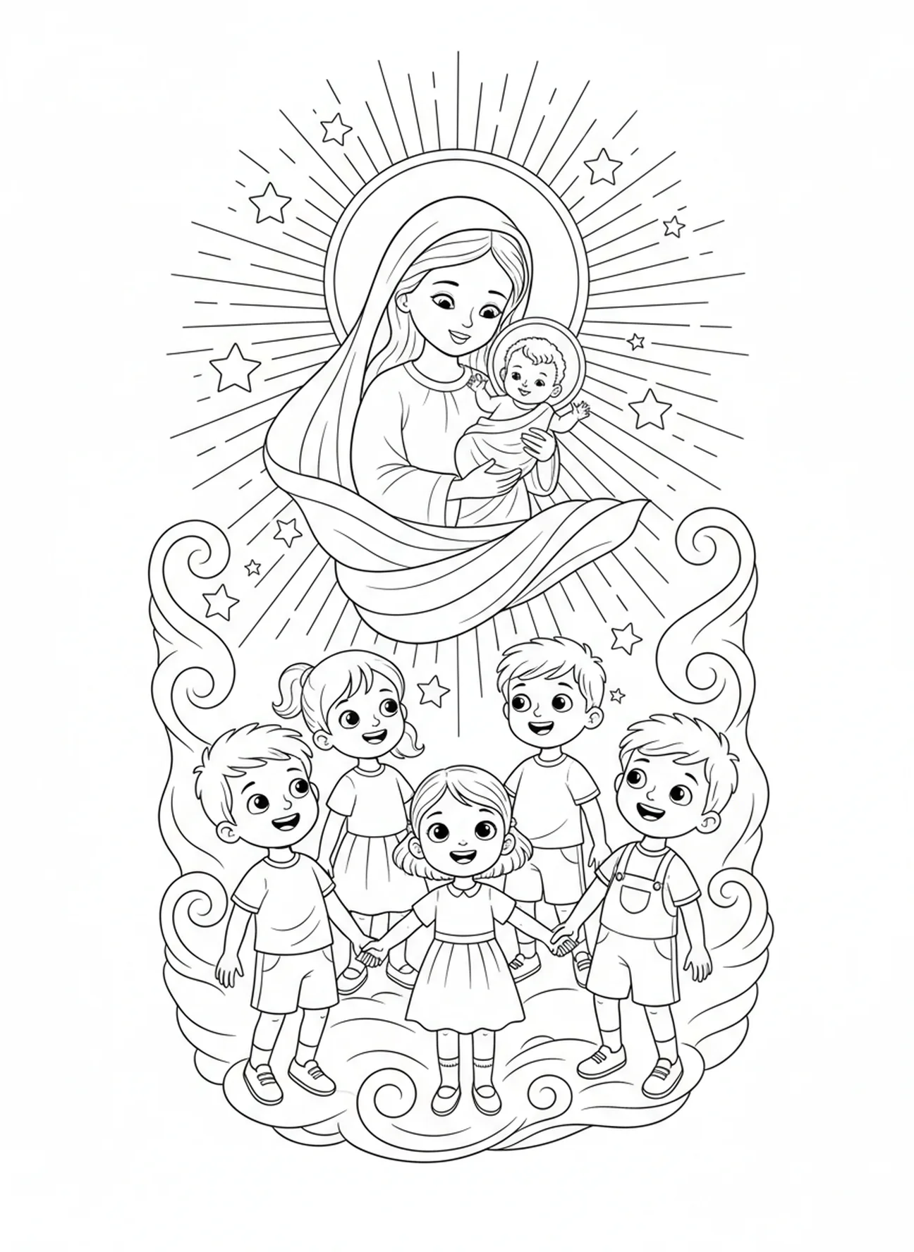 Enfants regardant Marie et Jésus, page à colorier de Notre-Dame du Perpétuel Secours pour les enfants de 5 à 10 ans.