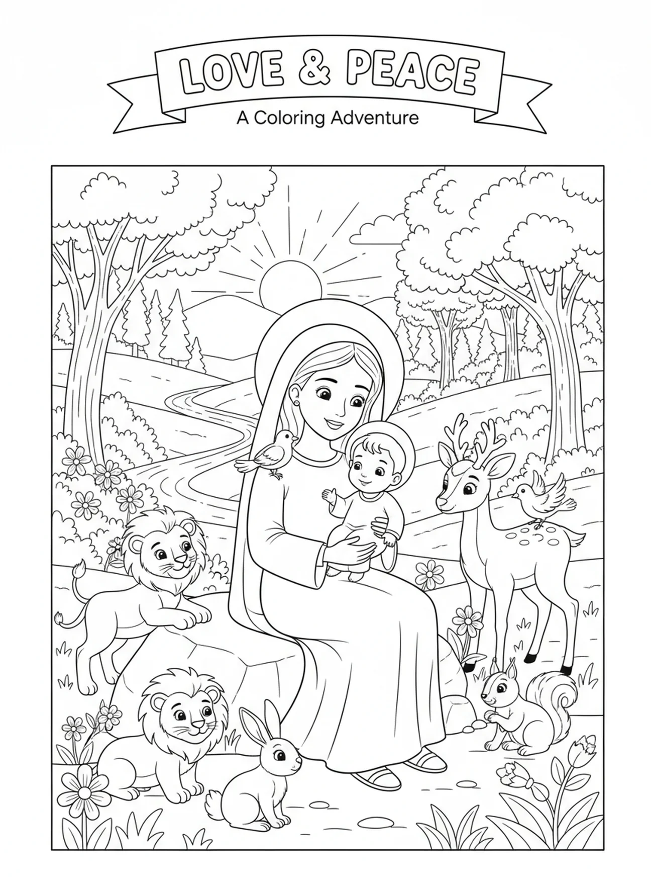 Marie et Jésus avec des animaux, page à colorier de Notre-Dame du Perpétuel Secours pour les enfants de 5 à 10 ans.