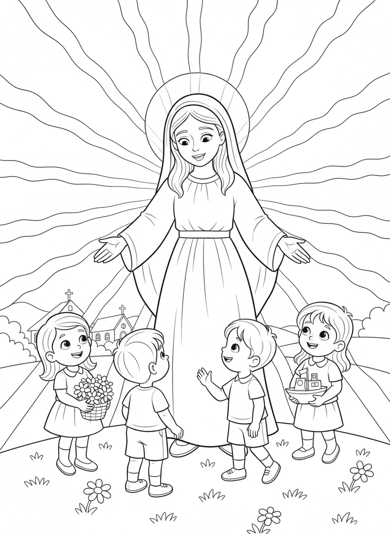 Marie étendant les mains en bénédiction, page à colorier de Notre-Dame du Perpétuel Secours pour les enfants de 5 à 10 ans.