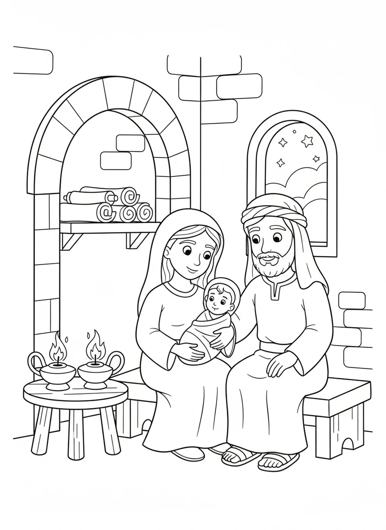 Maria, José e o bebê Jesus, página para colorir de Nossa Senhora do Perpétuo Socorro para crianças da Escola Dominical de 5 a 12 anos