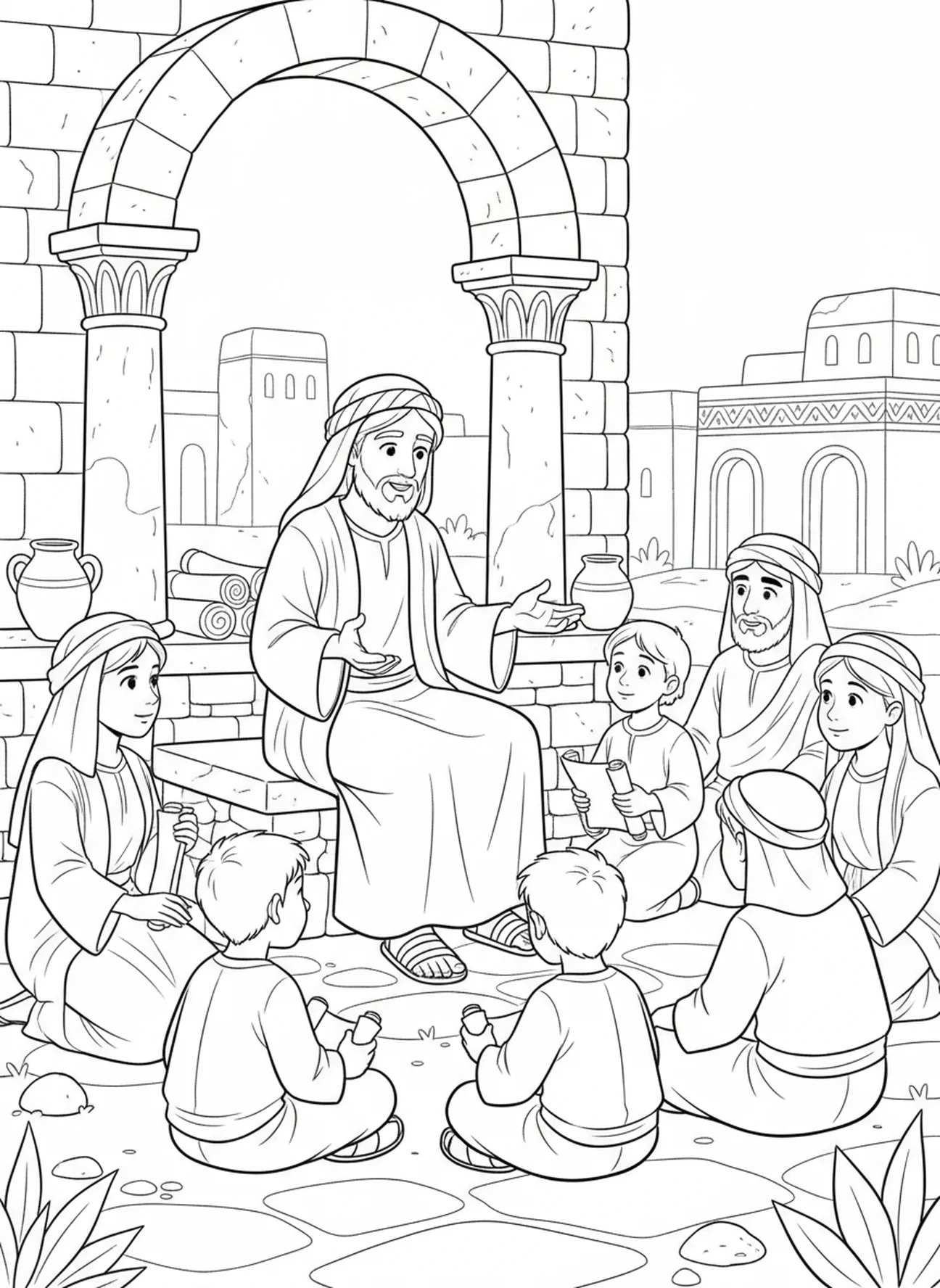 Jesus ensinando um grupo de pessoas, página para colorir Nossa Senhora do Perpétuo Socorro para crianças da Escola Dominical de 5 a 12 anos