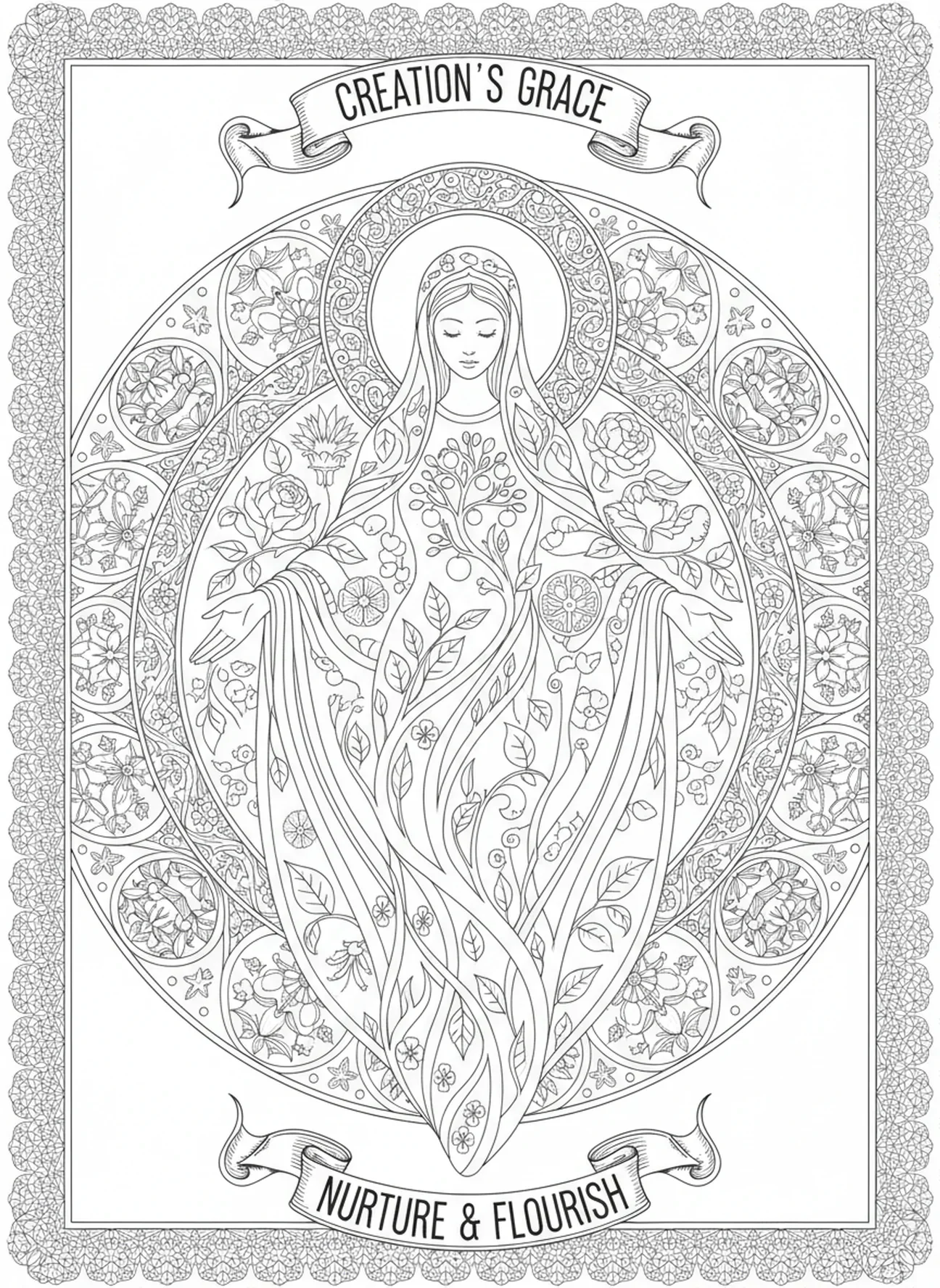 Nossa Senhora cercada pela natureza, página de colorir de Nossa Senhora do Rosário no estilo de journaling bíblico para adultos.