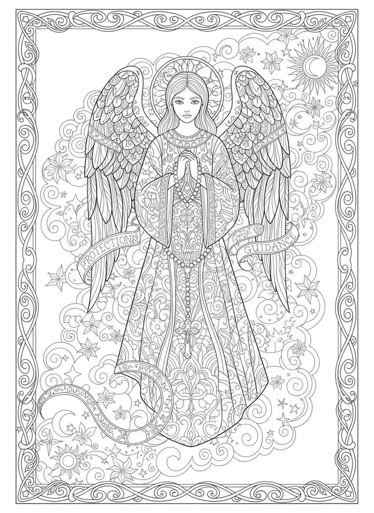 Anjo da guarda com terço, página para colorir Nossa Senhora do Rosário no estilo de journaling bíblico para adultos.