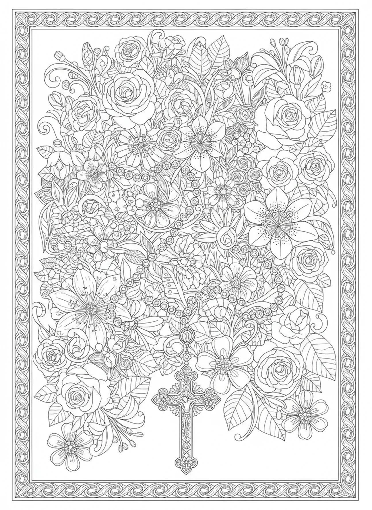 Design floral intricado com contas de terço, página para colorir Nossa Senhora do Rosário no estilo de journaling bíblico para adultos.