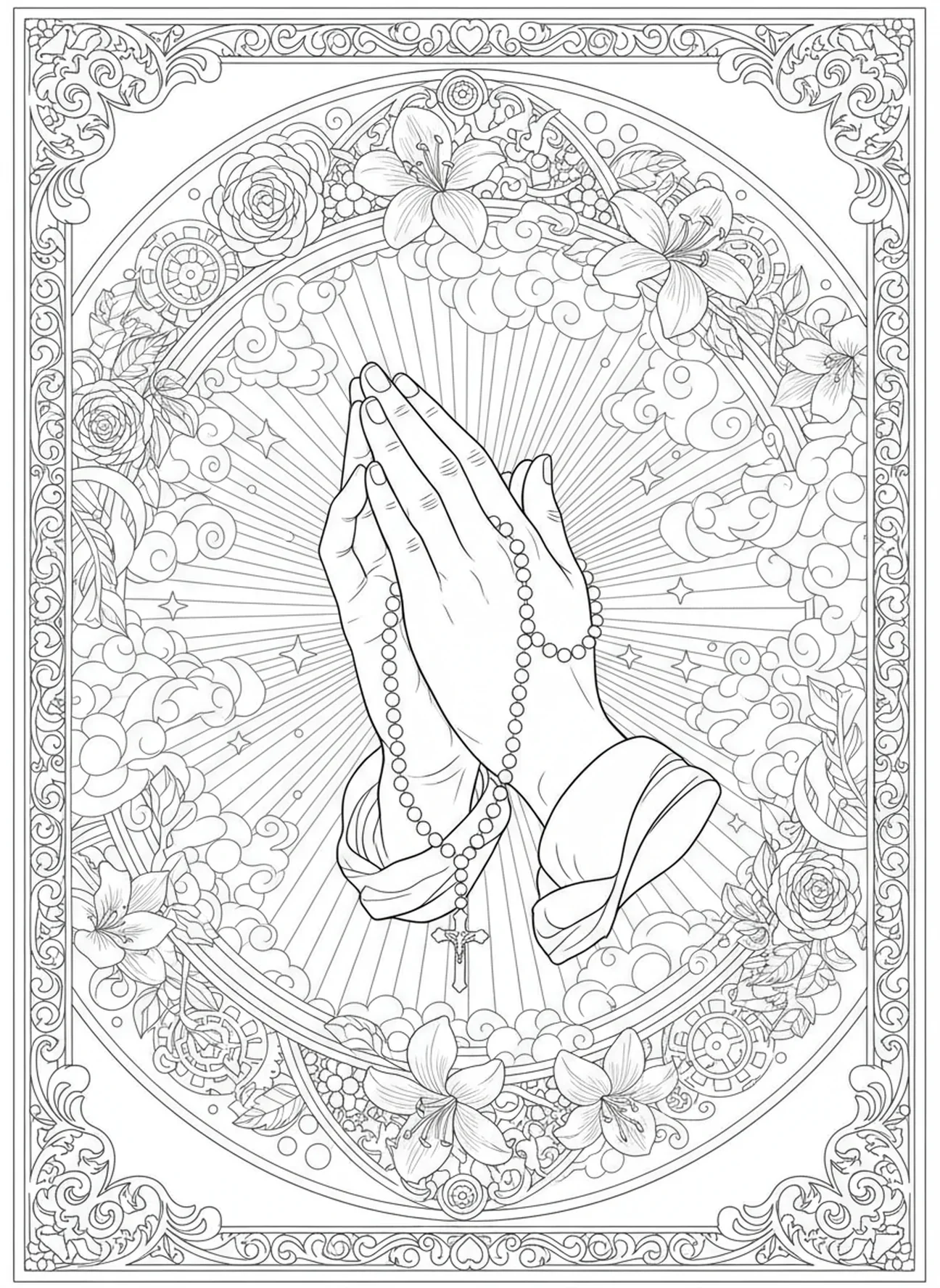 Mãos unidas segurando um terço, página para colorir de Nossa Senhora do Rosário no estilo de journaling bíblico para adultos.