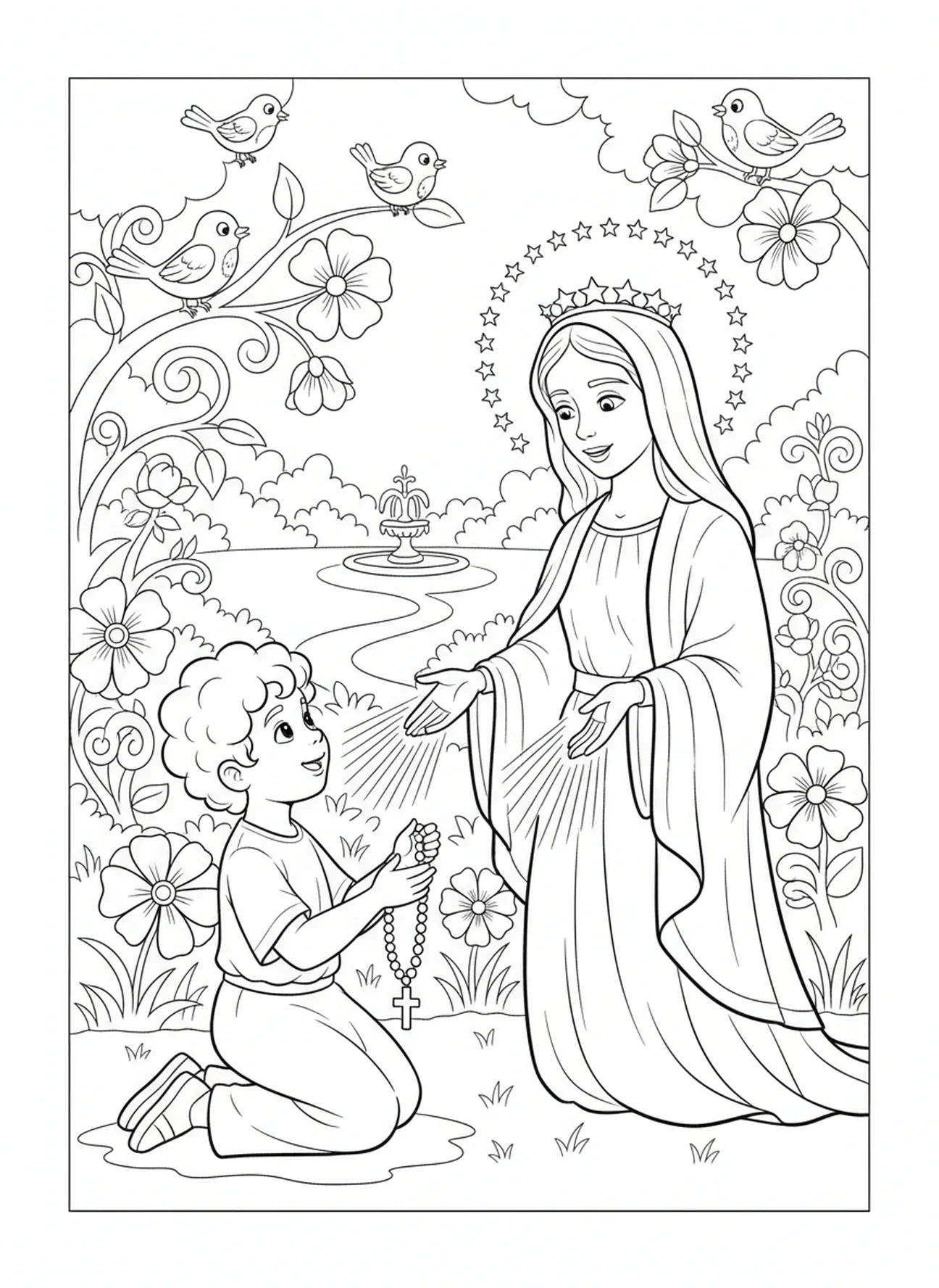Kind erhält den Segen von Unserer Lieben Frau, Ausmalbild Unserer Lieben Frau Rosenkranz für Kinder im Alter von 5-10 Jahren