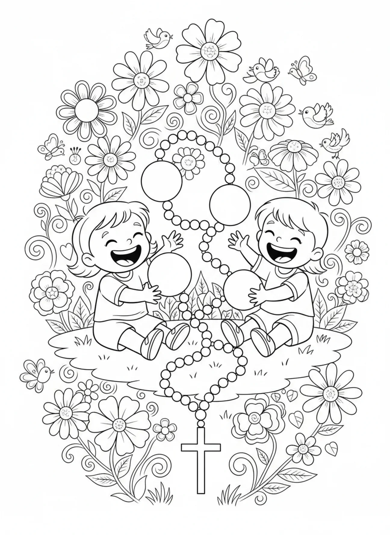 Kinder spielen mit Rosenkränzen, Ausmalbild der Heiligen Maria Rosenkranz für Kinder im Alter von 5-10 Jahren