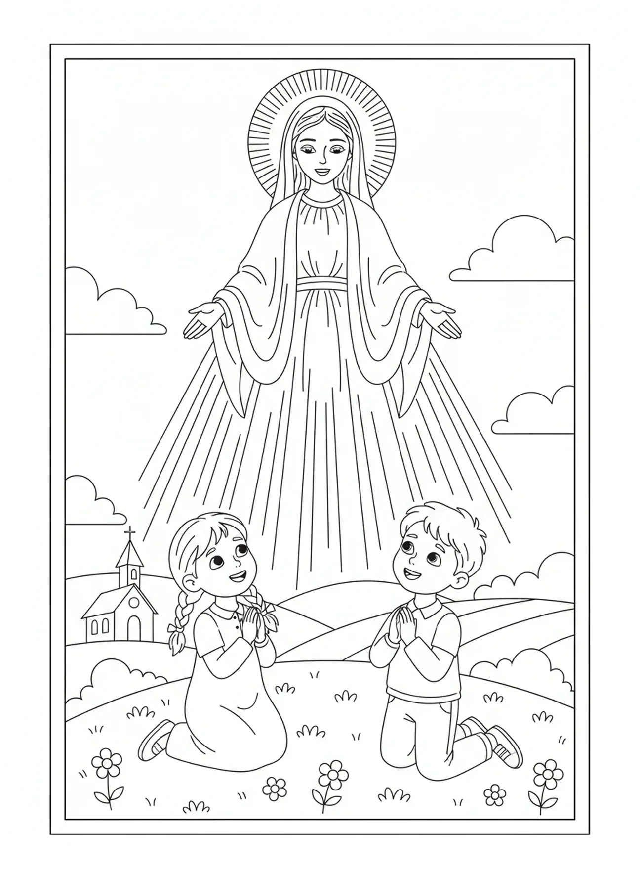 Maria erscheint über Kindern, Ausmalbild der Heiligen Maria Rosenkranz für Kinder im Alter von 5-10 Jahren