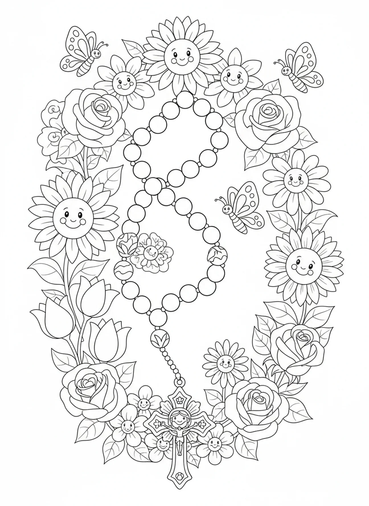 Rosenkranz umgeben von Blumen, Ausmalbild der Muttergottes für Kinder im Alter von 5-10 Jahren