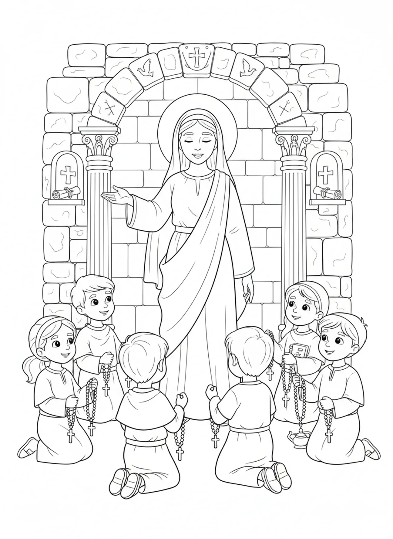 Die Dame segnet die Kinder, Ausmalbild der Rosenkranz-Dame für Sonntagsschulkinder im Alter von 5-12 Jahren