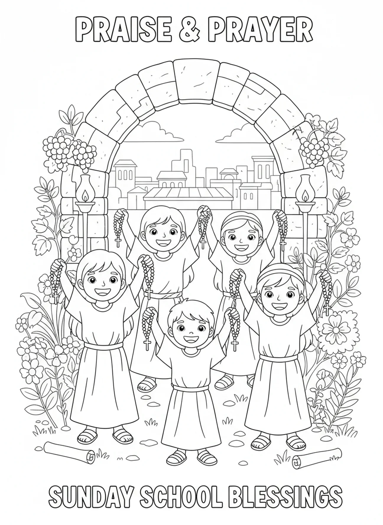 Kinder halten fröhlich Rosenkränze, Ausmalbild der Gottesmutter für die Sonntagsschule für Kinder im Alter von 5-12 Jahren