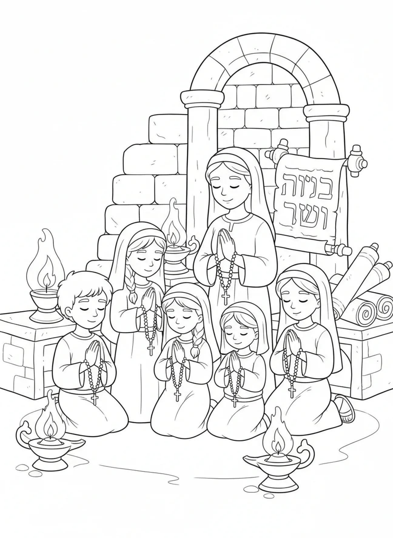 Gruppe betet den Rosenkranz, Ausmalbild Unsere Liebe Frau Rosenkranz für die Sonntagsschule Kinder im Alter von 5-12 Jahren