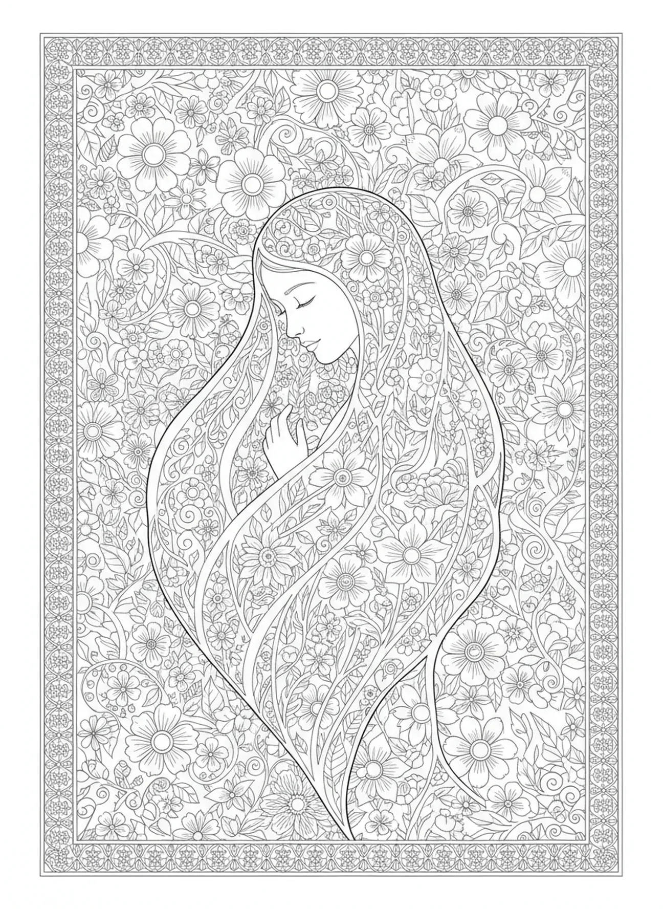 Blumenverhüllung um die Mutterfigur, Ausmalbild der Schmerzhaften Mutter für Erwachsene im Stil des Bibel-Journalings.