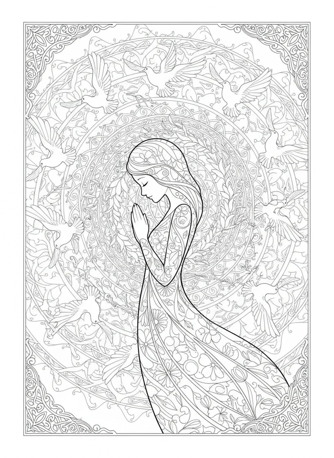 Mutterfigur im Gebet, Ausmalbild der Schmerzhaften Mutter für Erwachsene im Bibel-Journaling-Stil.