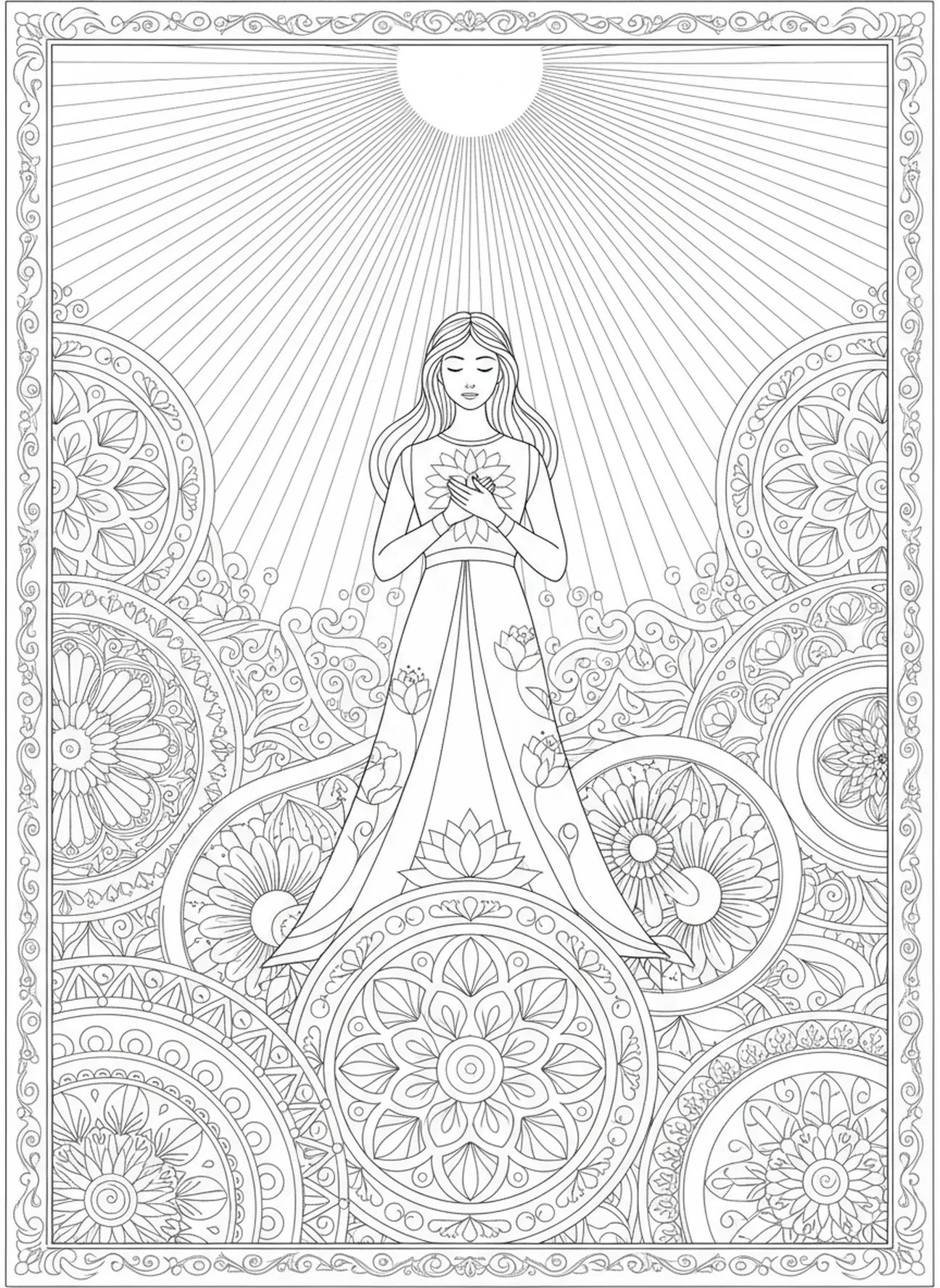 Strahlendes Licht über der Mutterfigur, Ausmalbild von Unsere Liebe Frau der Schmerzen im Stil des Bibel-Journaling für Erwachsene.