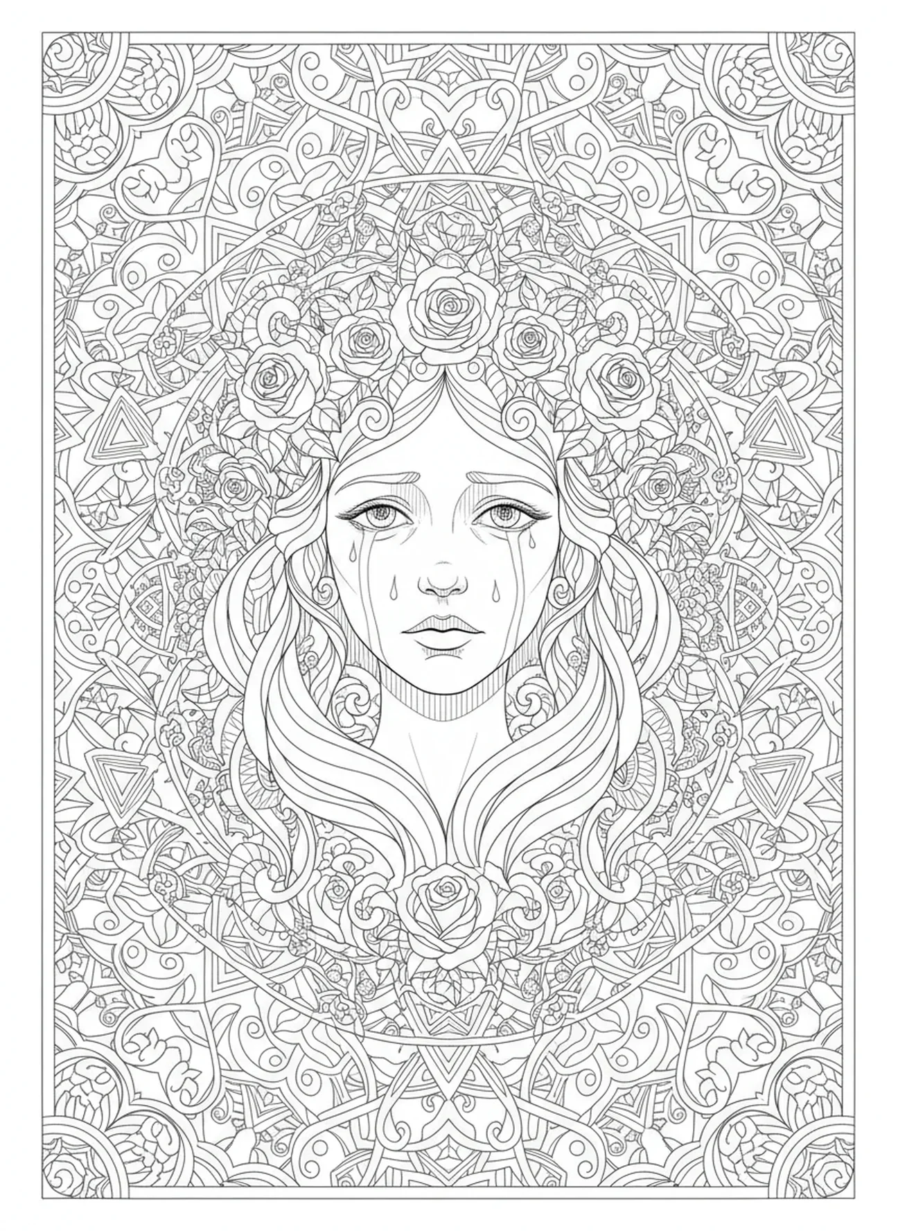 Mutterfigur mit Tränen, Ausmalbild der Mater Dolorosa für Erwachsene im Stil des Bibel-Journalings.