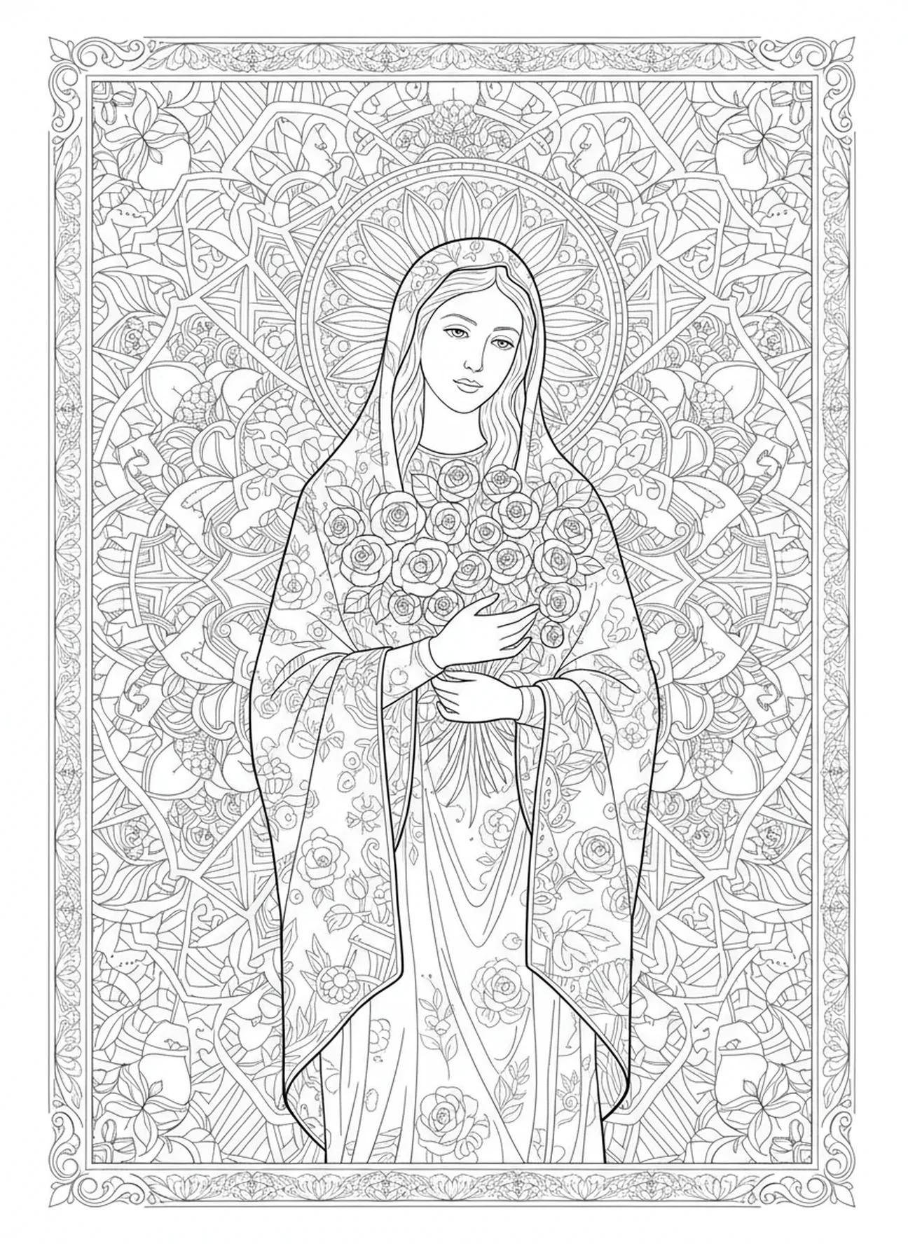 Maria mit Rosen, Ausmalbild zur Königin Maria für Erwachsene im Bibel-Journaling-Stil
