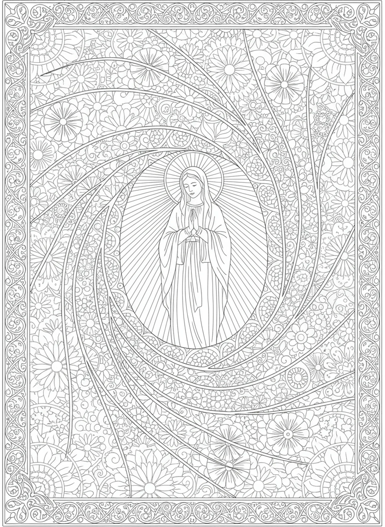 Maria im Licht, Ausmalbild zur Königin Maria für Erwachsene im Stil des Bibel-Journalings