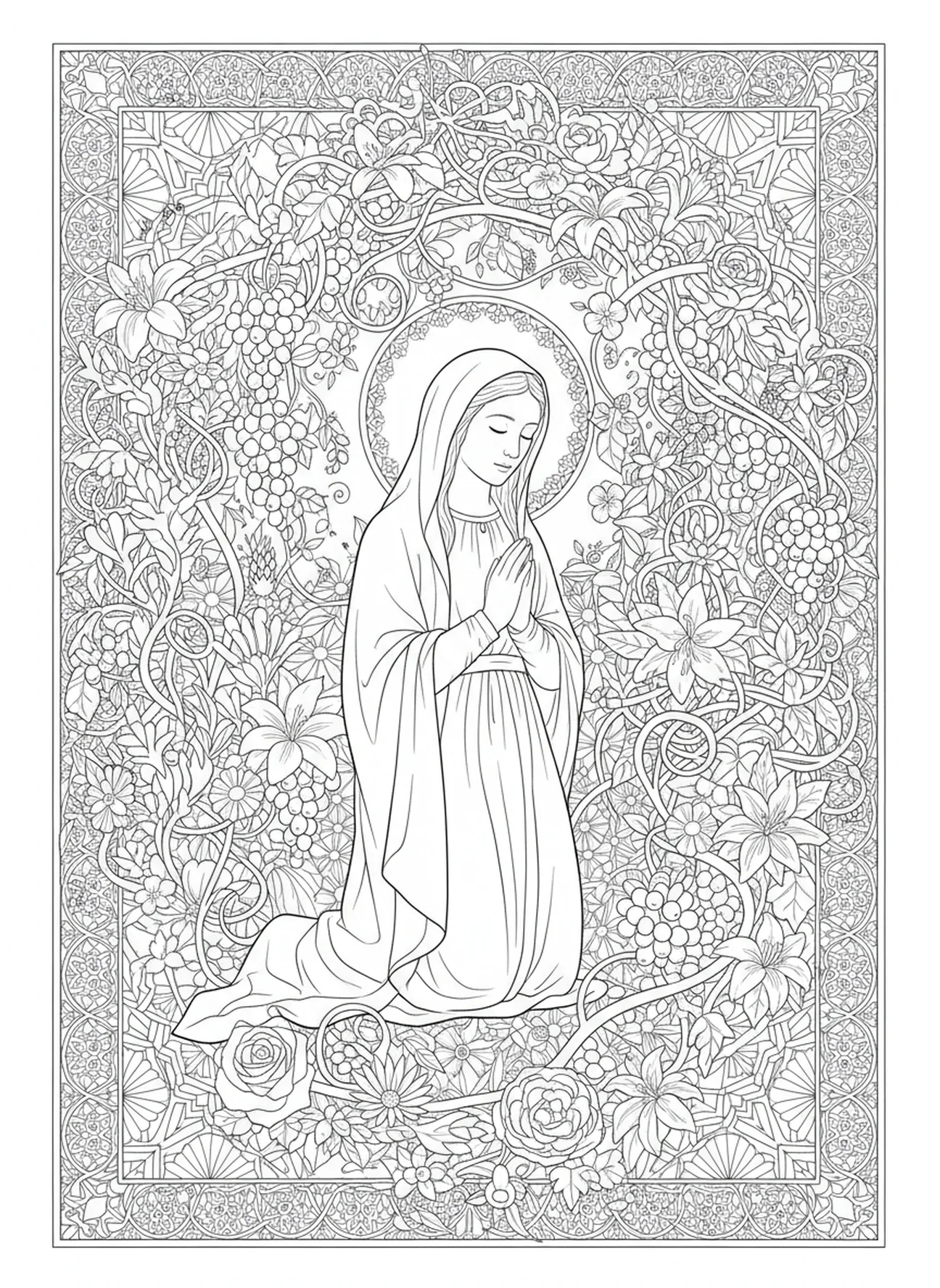 Maria im Gebet, Ausmalbild zur Königin Maria für Erwachsene im Stil des Bibel-Journalings