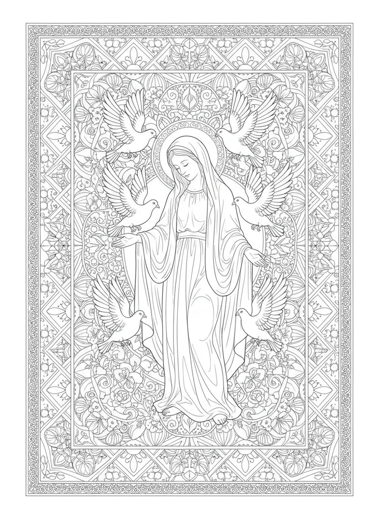 Maria mit Tauben, Ausmalbild zur Königin Maria für Erwachsene im Stil des Bibel-Journalings