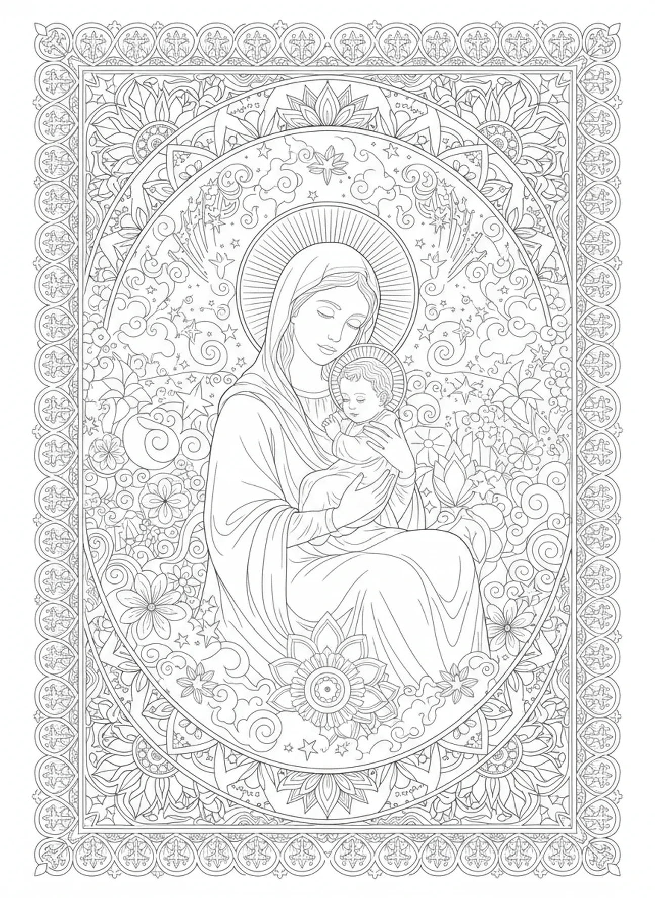 Maria hält Jesus, Ausmalbild zur Königin Maria für Erwachsene im Stil des Bibel-Journalings
