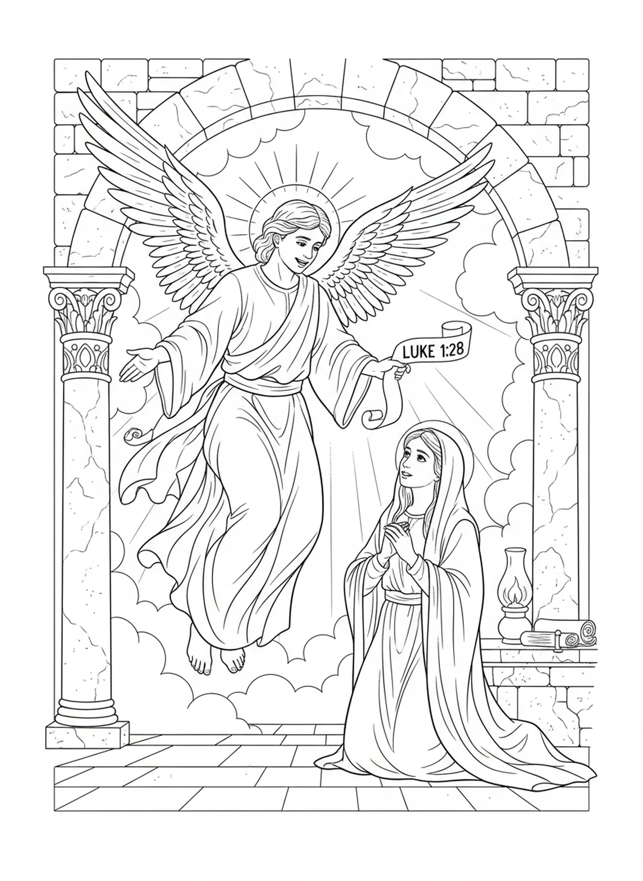 L'ange Gabriel avec le message, page à colorier de la Royauté de Marie pour les enfants de catéchisme âgés de 5 à 12 ans