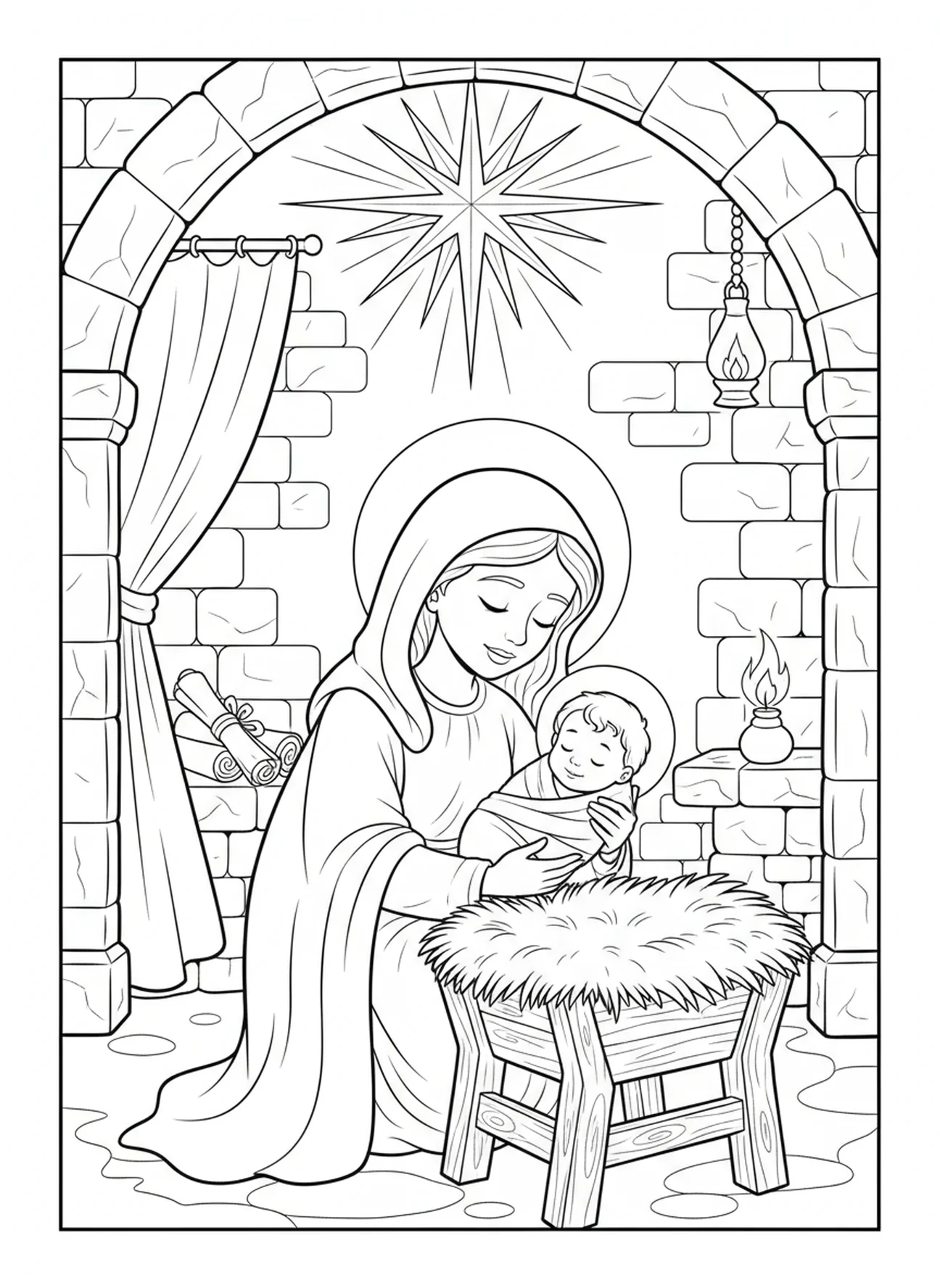 Marie tenant l'enfant Jésus, page à colorier de la Royauté de Marie pour les enfants de l'École du dimanche âgés de 5 à 12 ans