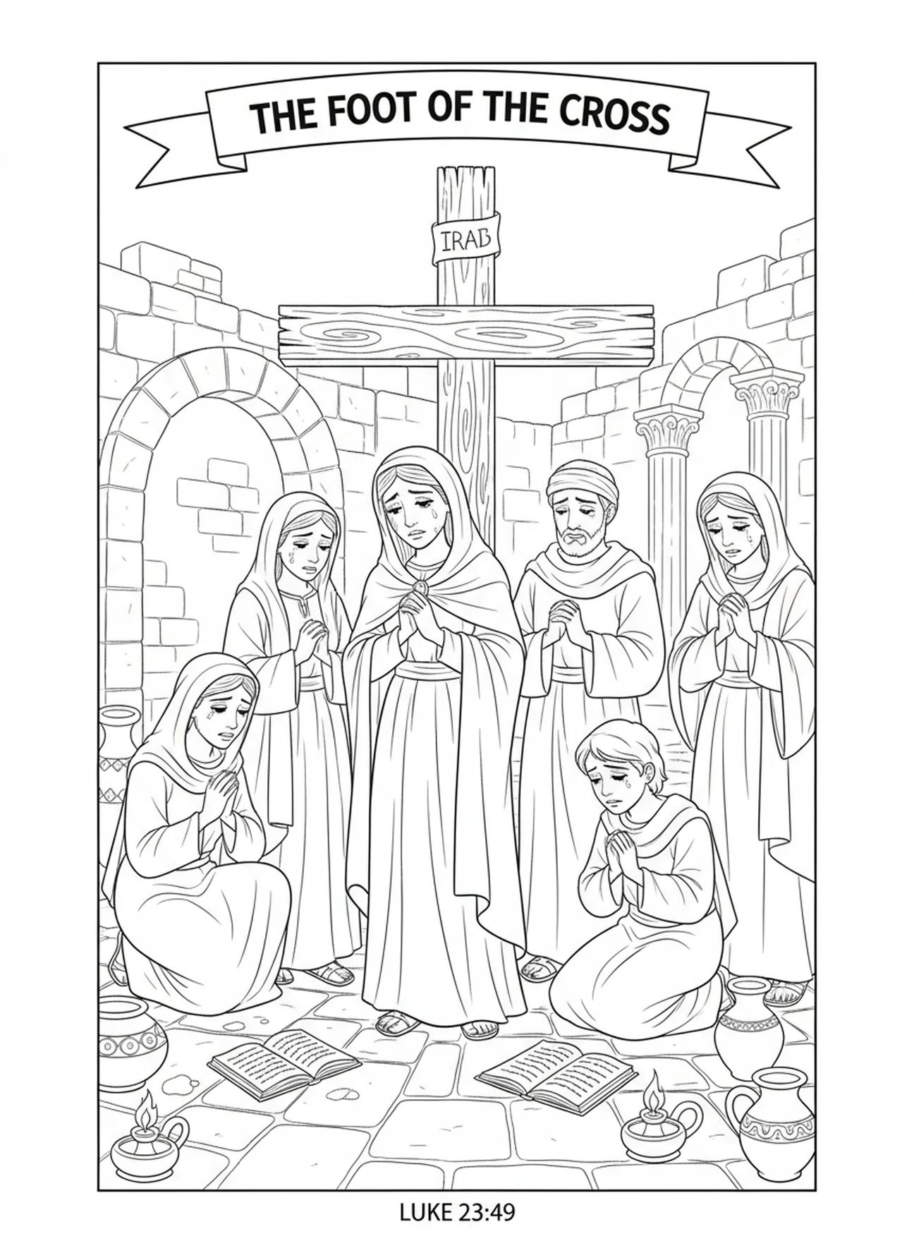 Marie au pied de la croix, page à colorier de la Royauté de Marie pour les enfants de l'École du dimanche âgés de 5 à 12 ans