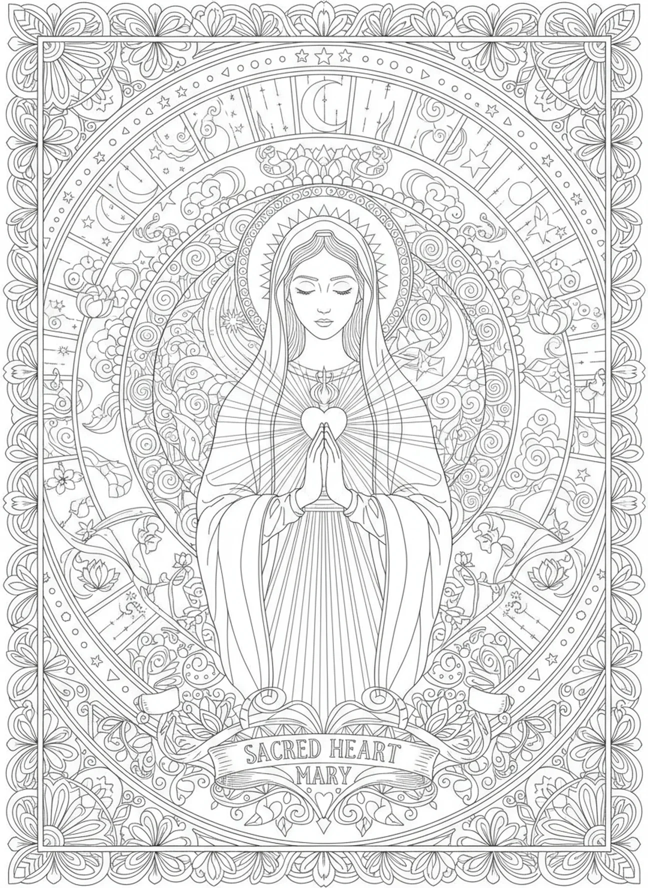 Lumière radieuse du Sacré-Cœur, page à colorier de la Vierge Marie du Sacré-Cœur pour le journal biblique.