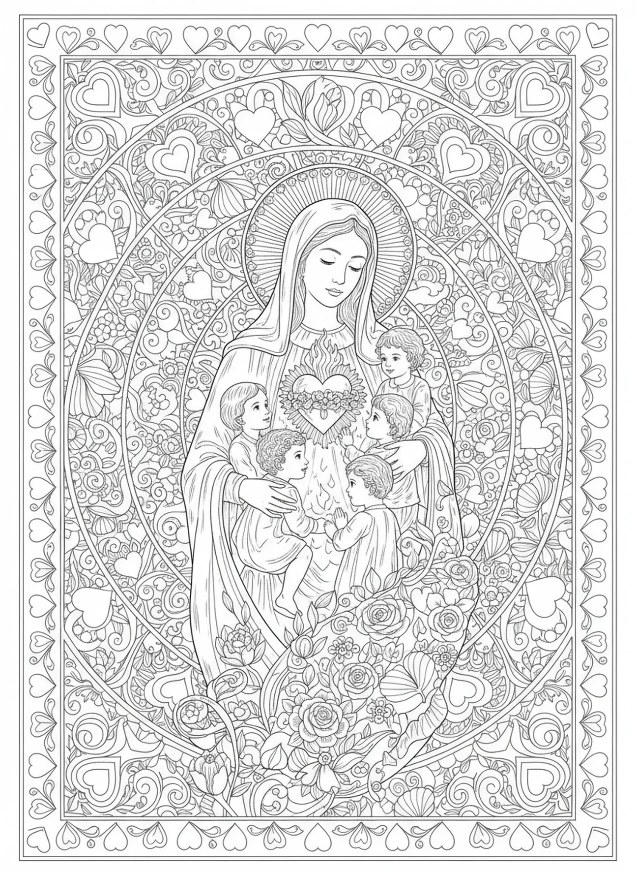 Marie prenant soin des enfants dans des motifs complexes, page à colorier du Sacré-Cœur de Marie pour le journaling biblique.