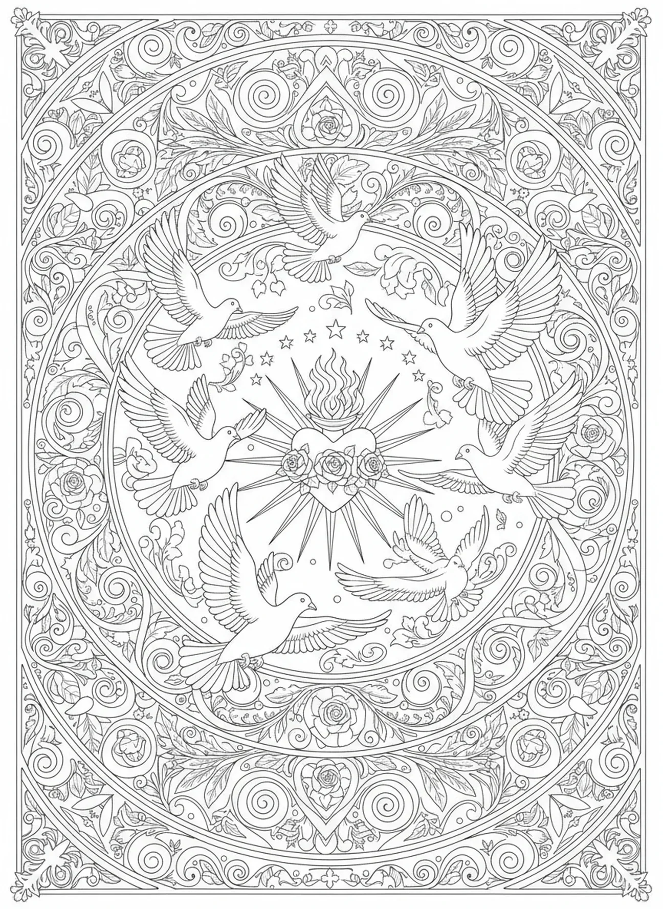 Marie avec des colombes dans un cadre paisible, page à colorier du Sacré-Cœur de Marie pour le journaling biblique.