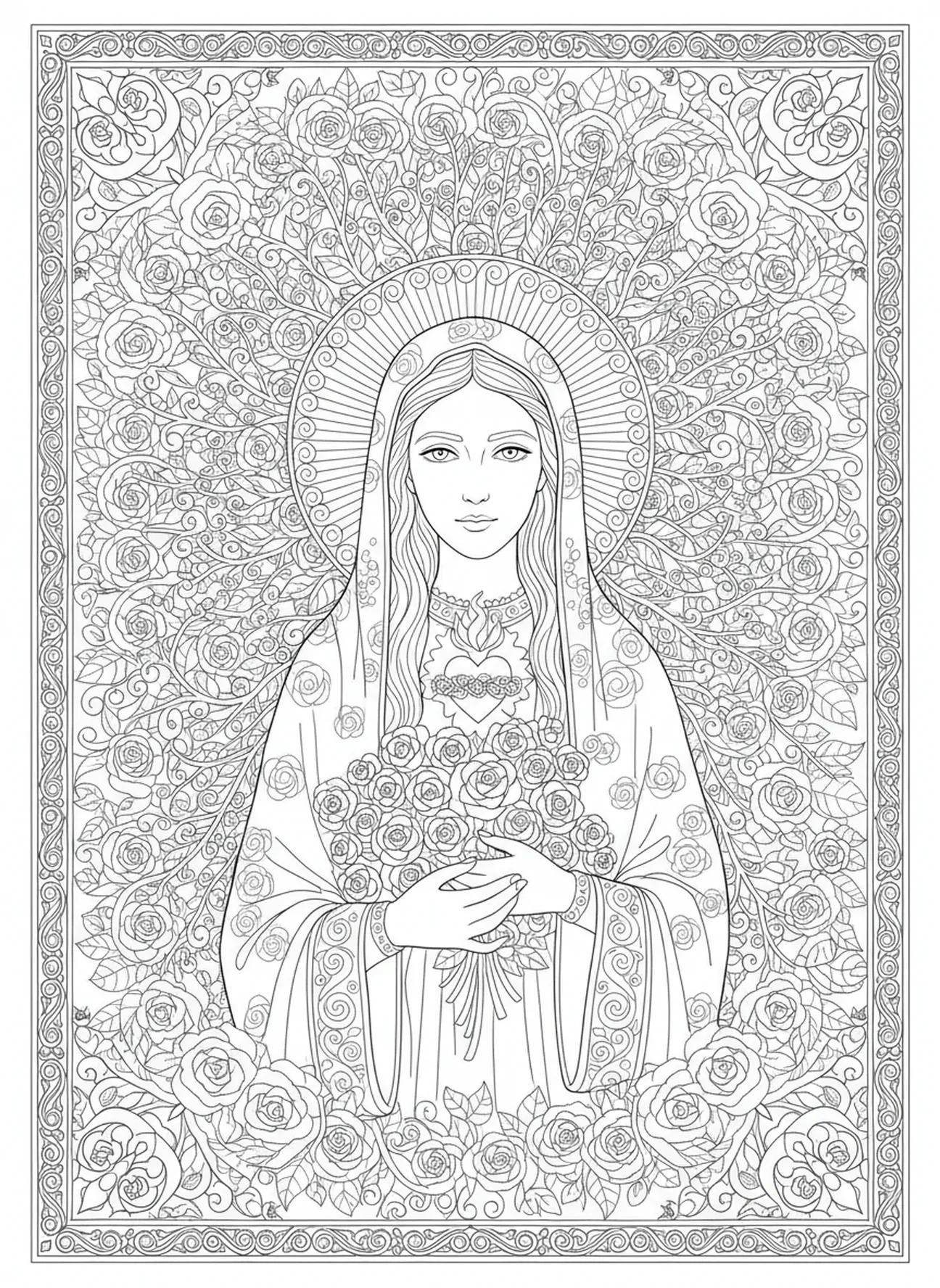 Marie tenant des roses dans un design floral, page à colorier du Sacré-Cœur de Marie pour le journal biblique style adulte.