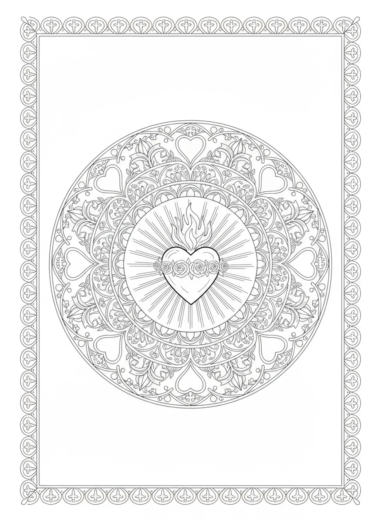 Cœur Sacré entouré de symboles de foi, page à colorier du Cœur Sacré de Marie pour le journal biblique des adultes.