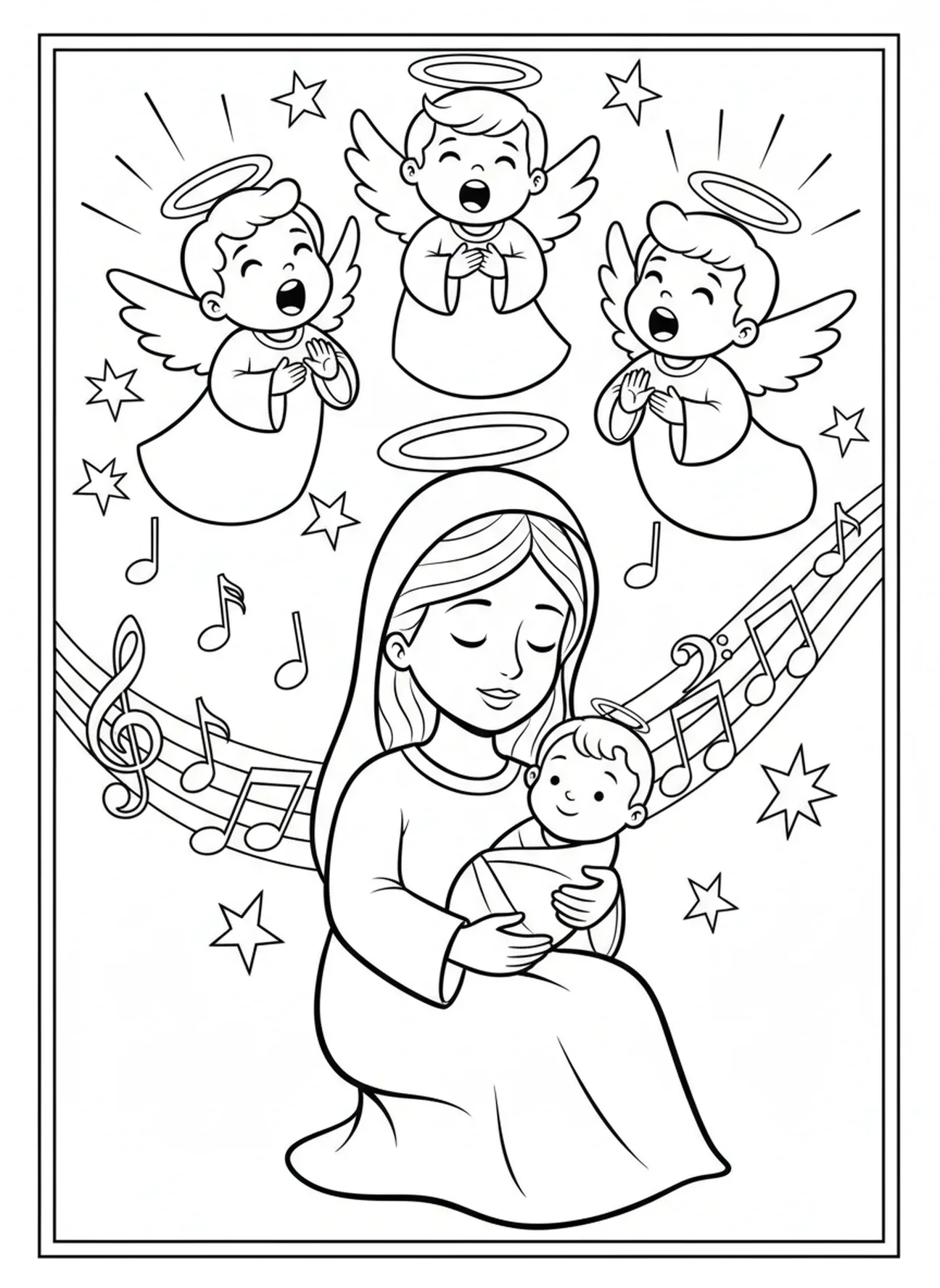 Engel singen über Maria und dem Baby Jesus, Ausmalbild vom Heiligsten Herzen Mariens für Kinder im Alter von 5-10 Jahren