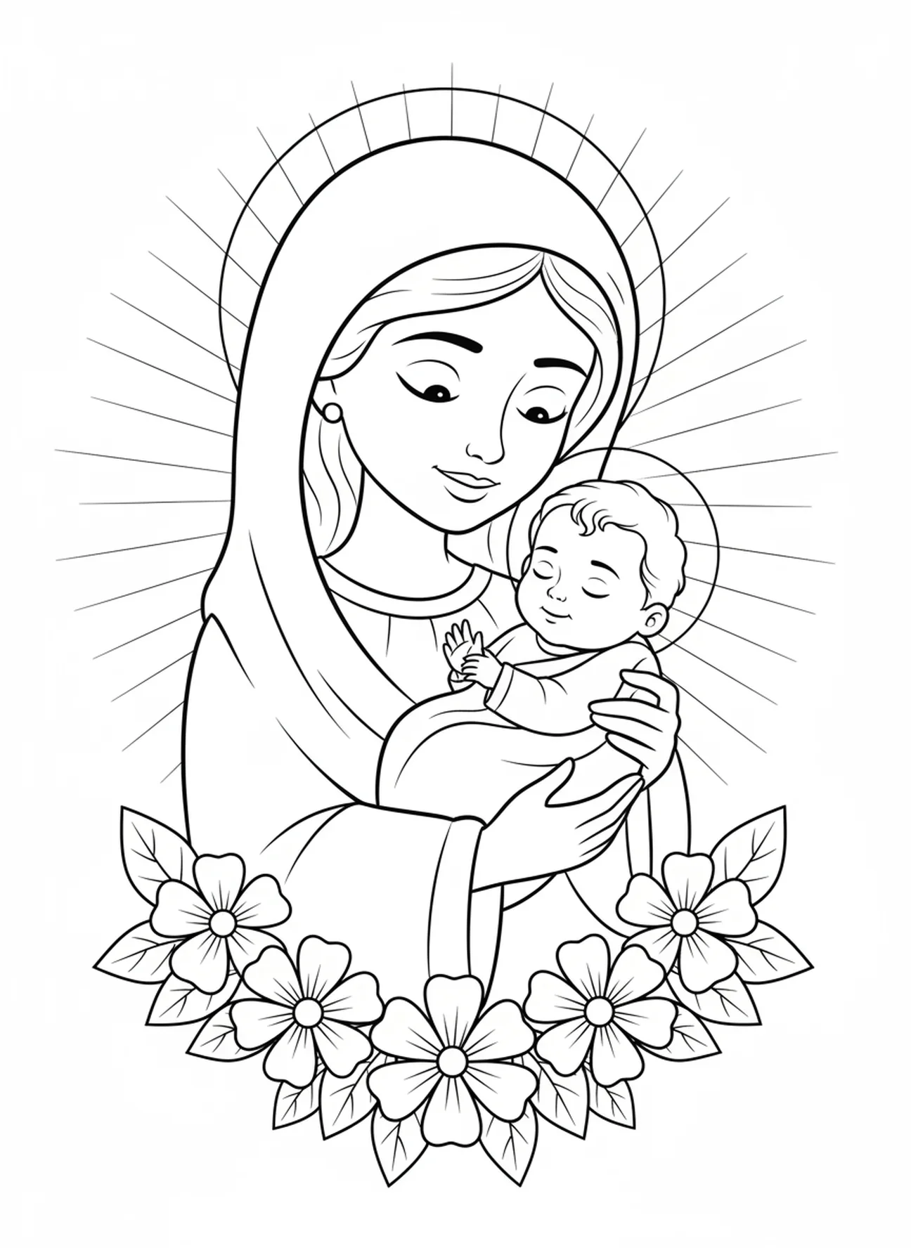 Das schlafende Jesuskind in Marias Armen, Ausmalbild vom Heiligen Herzen Marias für Kinder im Alter von 5-10 Jahren
