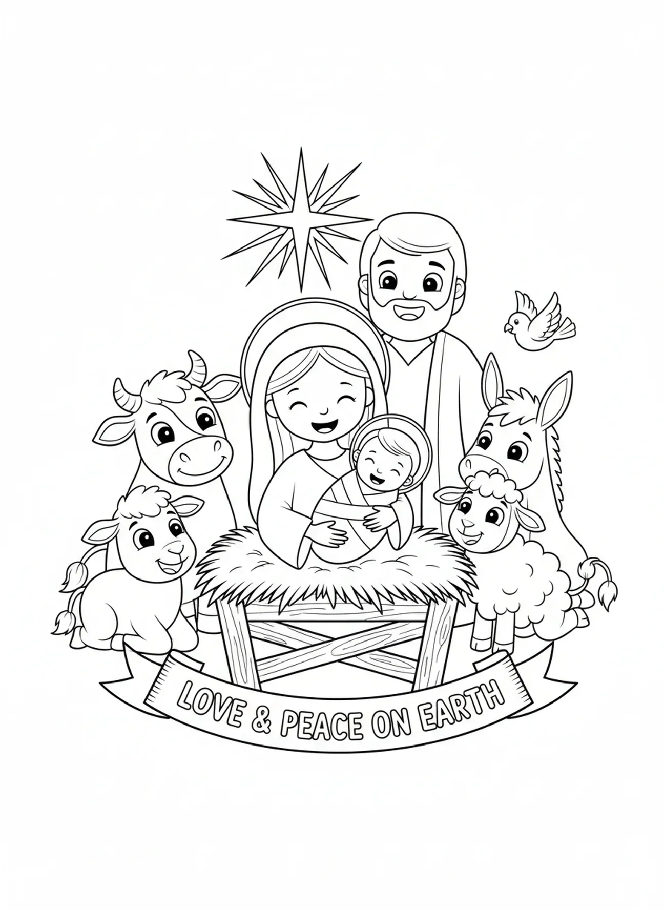 Maria und das Jesuskind in einer Krippenszene, Ausmalbild vom Heiligsten Herzen Mariens für Kinder im Alter von 5-10 Jahren