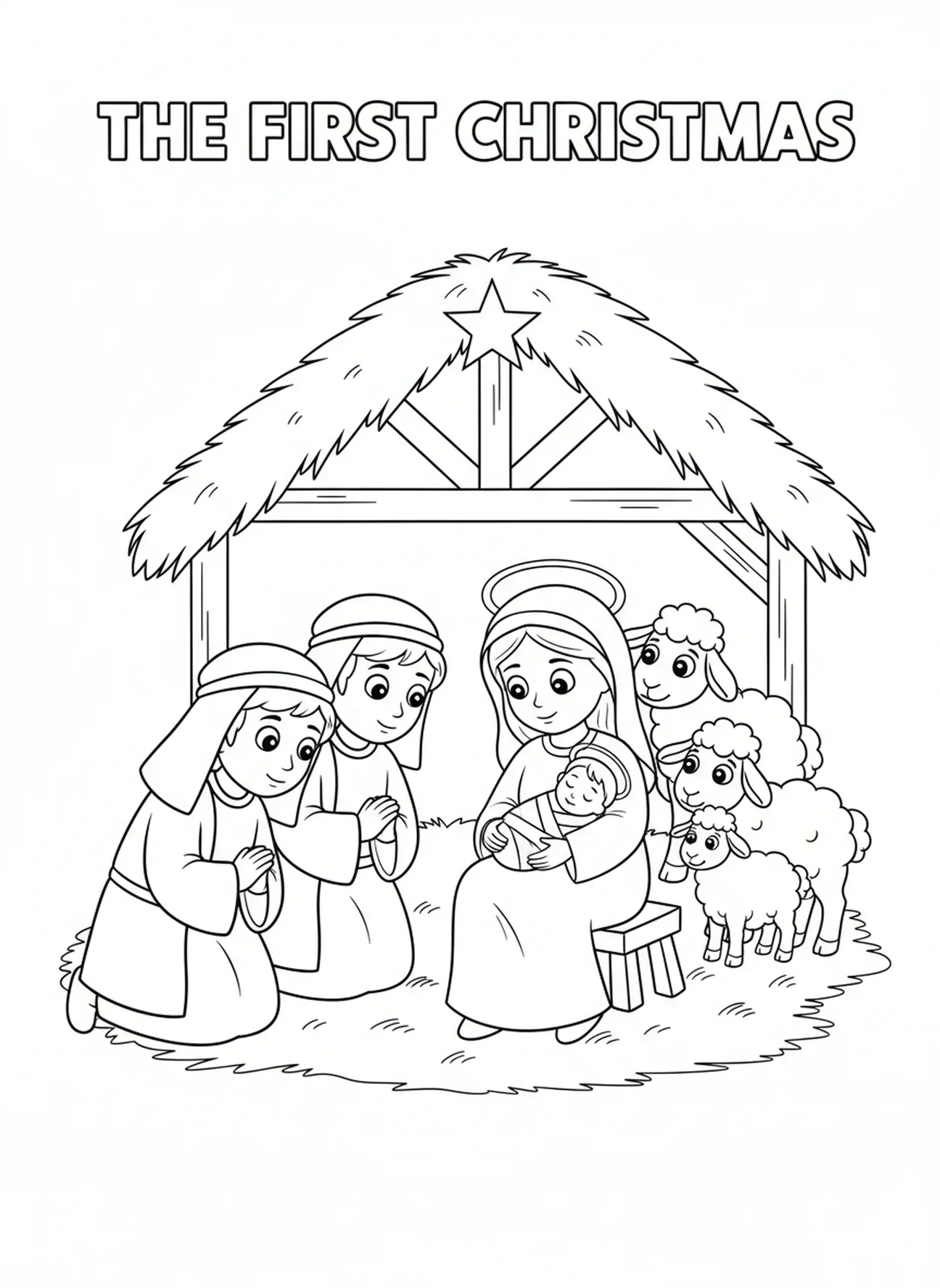 Hirten besuchen Maria und das Jesuskind, Ausmalbild vom Heiligsten Herzen Mariens für Kinder im Alter von 5-10 Jahren