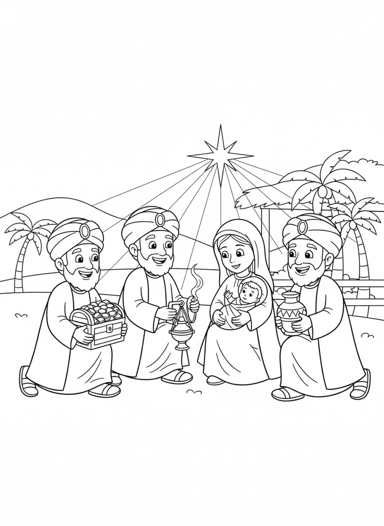 Drei weise Männer nähern sich Maria und dem Baby Jesus, Ausmalbild vom Heiligsten Herzen Mariens für Kinder im Alter von 5-10 Jahren