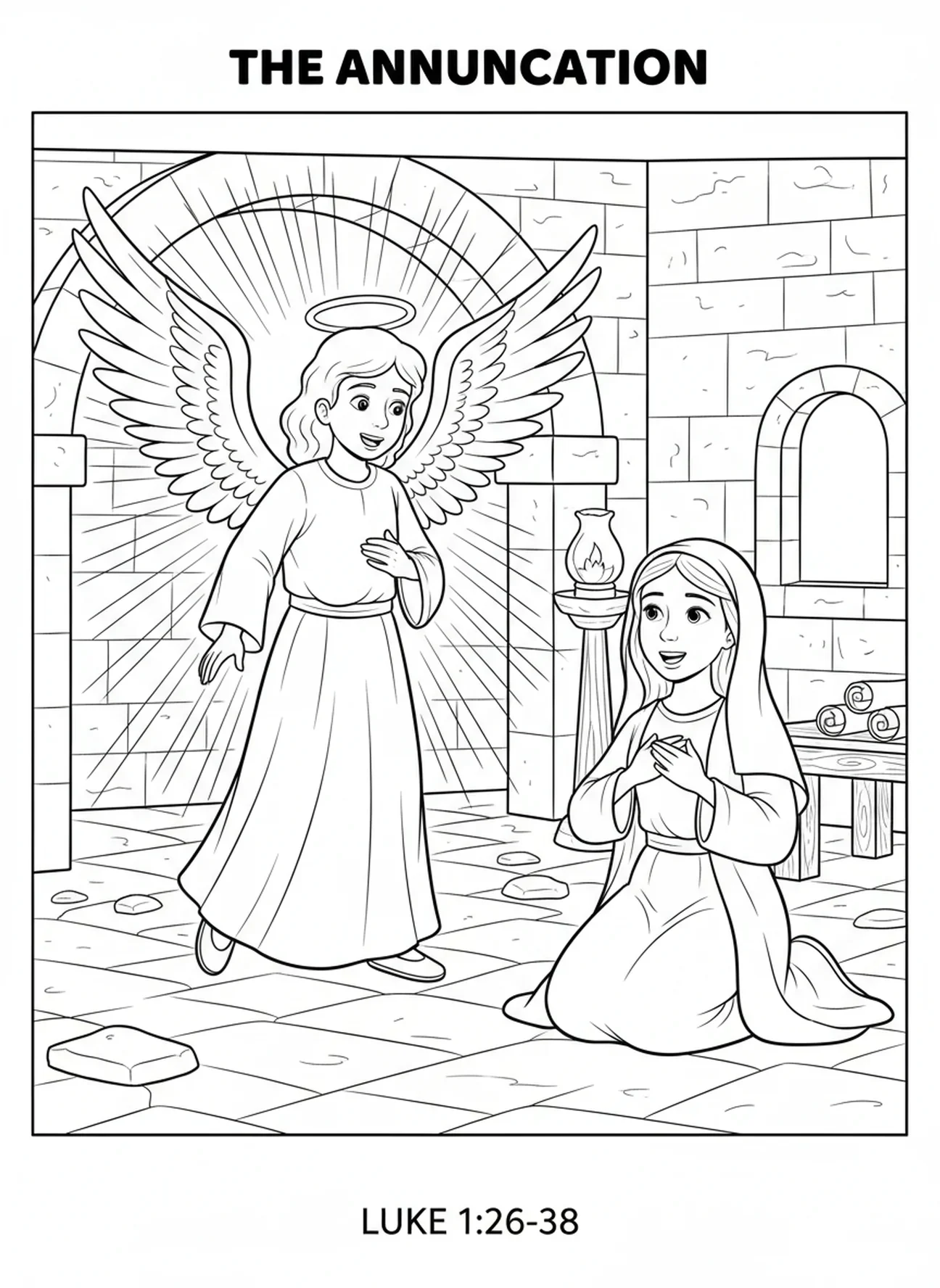 Engel besucht Maria, Ausmalbild vom Heiligsten Herzen Mariens für die Sonntagsschule für Kinder im Alter von 5-12 Jahren.