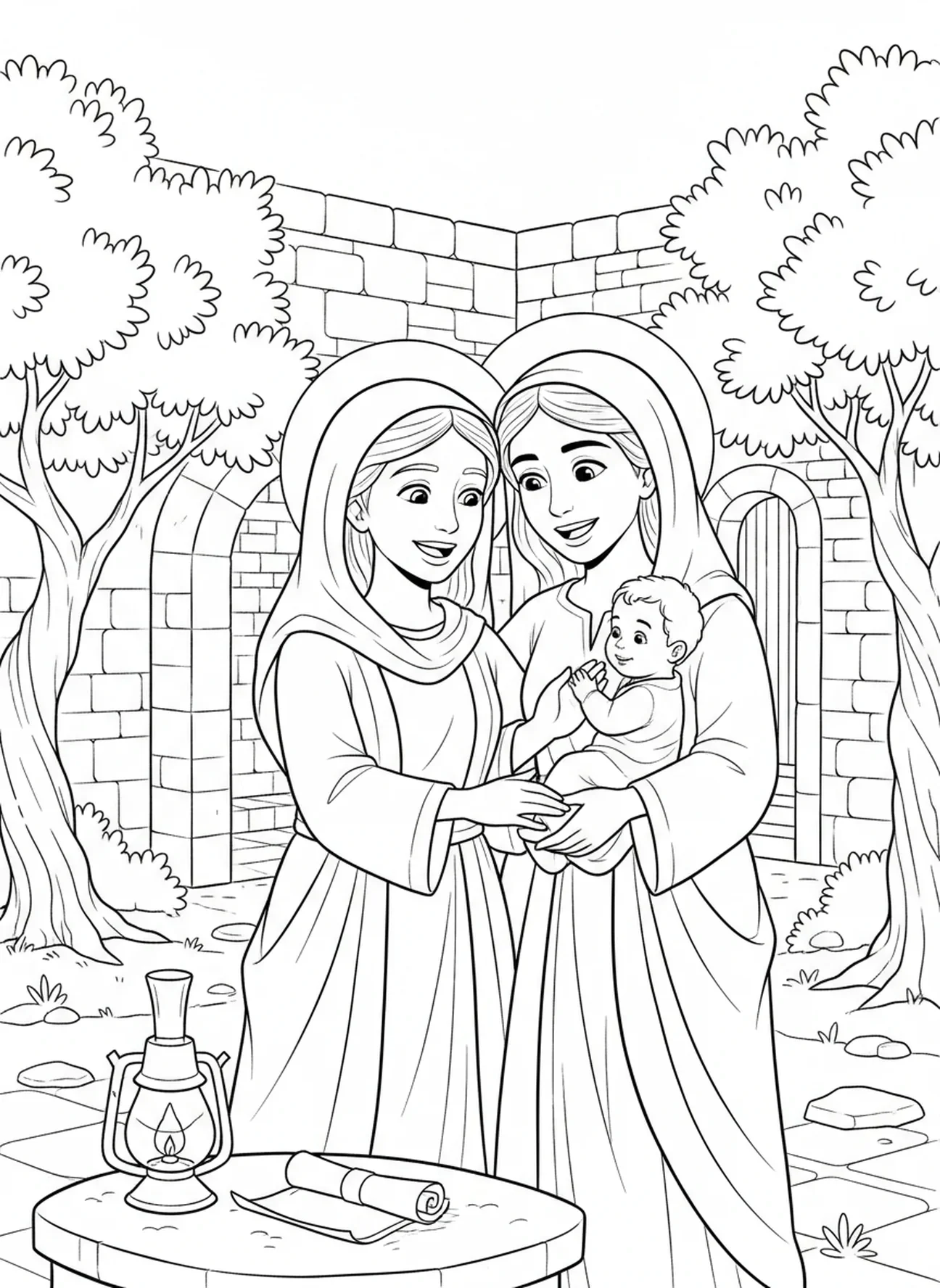 Maria besucht Elisabeth, Ausmalbild vom Heiligsten Herzen Mariens für die Sonntagsschule für Kinder im Alter von 5-12 Jahren.
