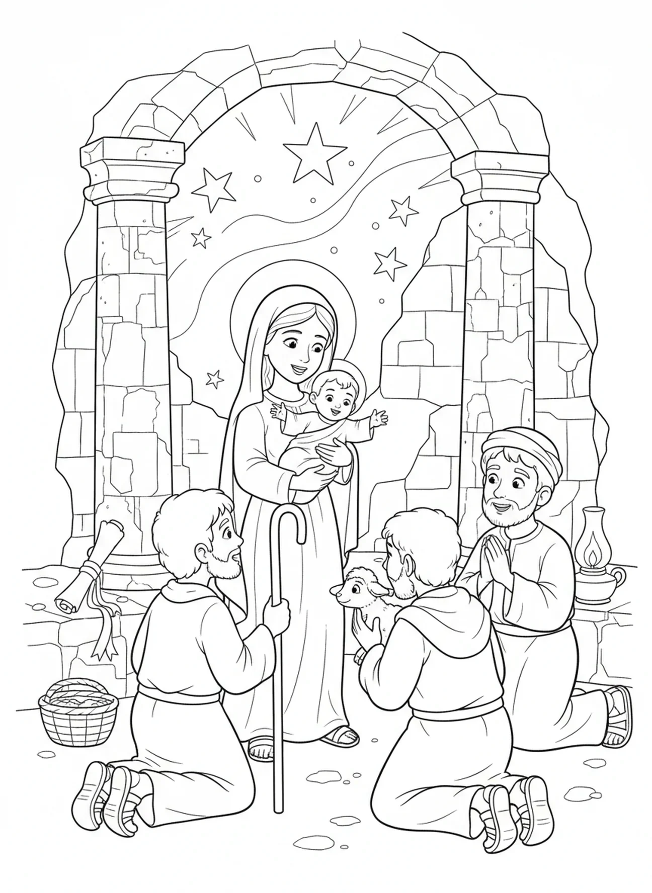 Maria zeigt den Hirten das Jesuskind, Ausmalbild vom Heiligsten Herzen Mariens für Kinder im Alter von 5-12 Jahren in der Sonntagsschule.
