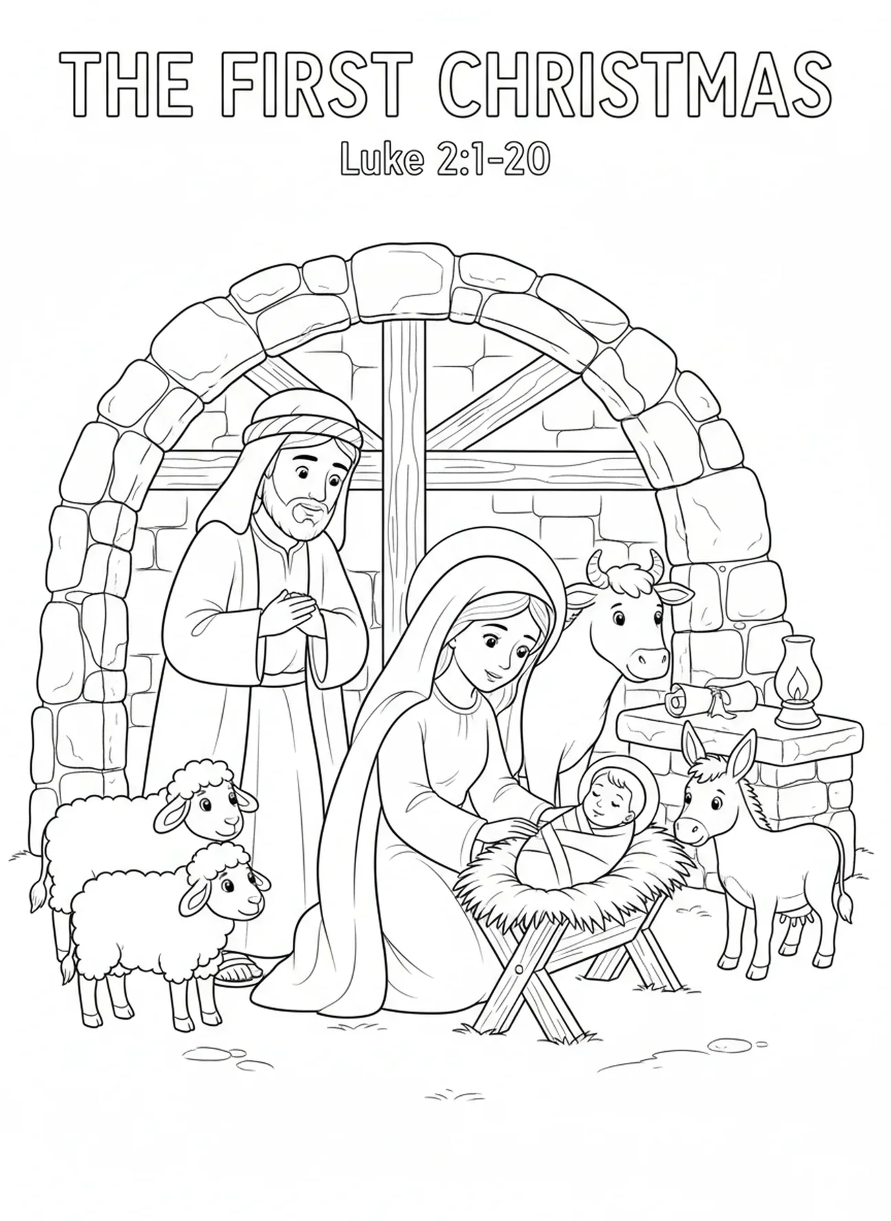 Maria schaut liebevoll auf das Jesuskind, Ausmalbild vom Heiligsten Herzen Mariens für die Sonntagsschule für Kinder im Alter von 5-12 Jahren.