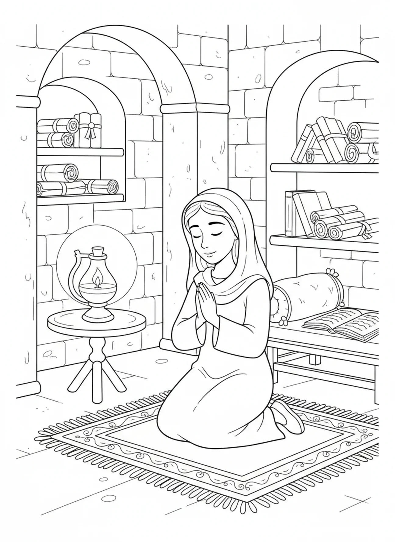 Maria betet mit einer Öllampe, Ausmalbild vom Heiligen Herzen Mariens für Kinder im Religionsunterricht im Alter von 5-12 Jahren.