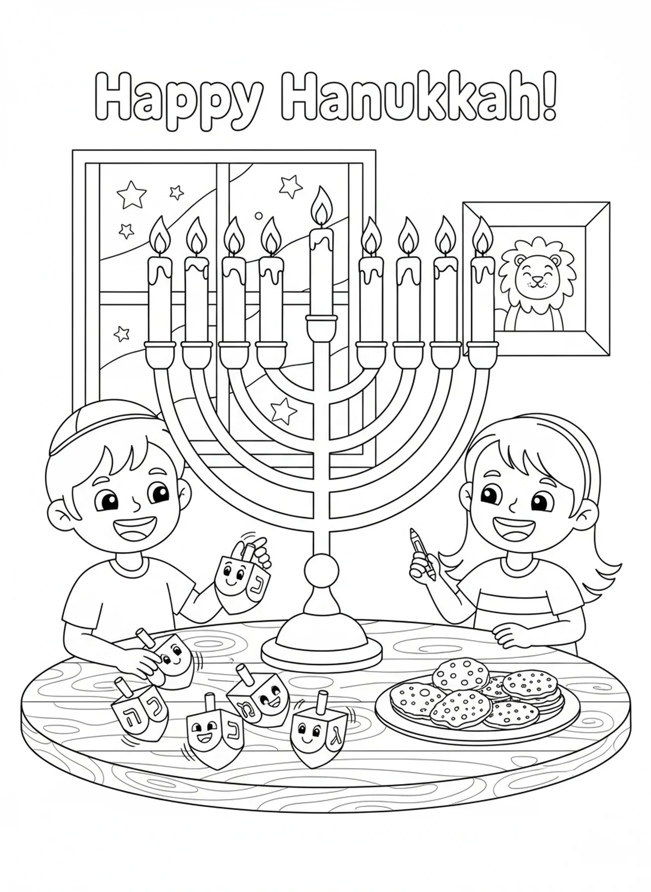 Duża menorah z dreidelami, kolorowanka Menorah dla dzieci w wieku 5-10 lat