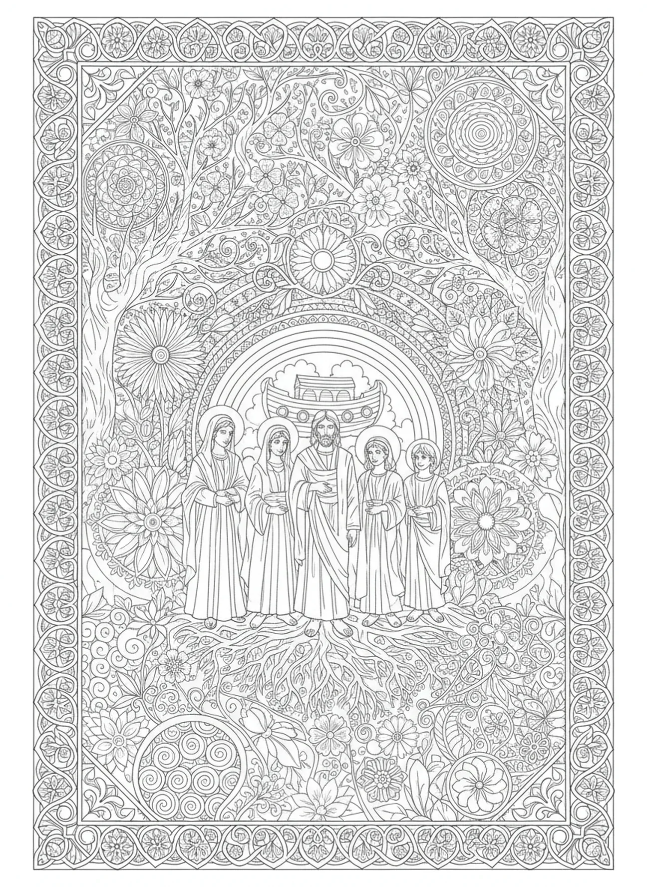Noé et sa famille sur la terre renouvelée, page à colorier Miséricorde de Dieu pour adultes dans un style de journal biblique