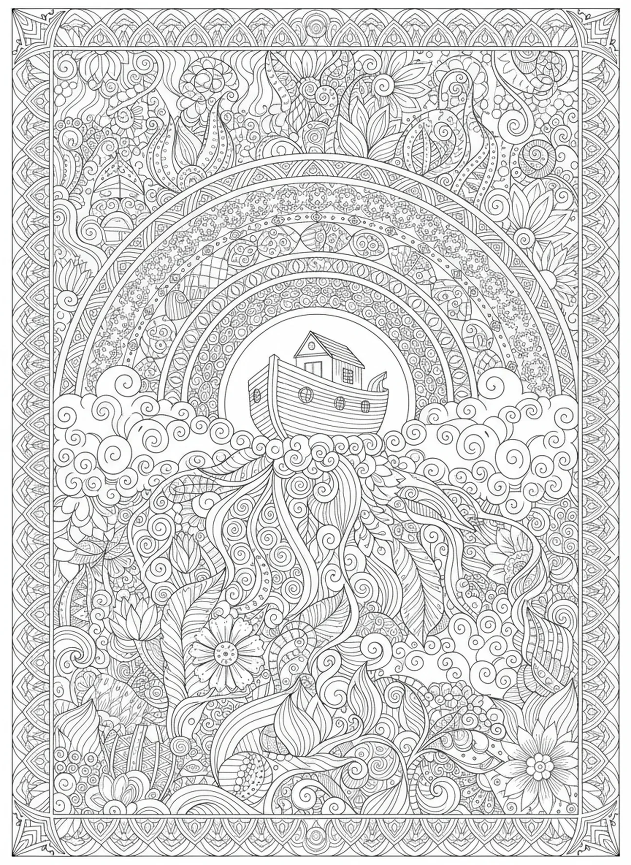 Arc-en-ciel au-dessus de l'arche, page à colorier Miséricorde de Dieu pour le style de journal biblique pour adultes